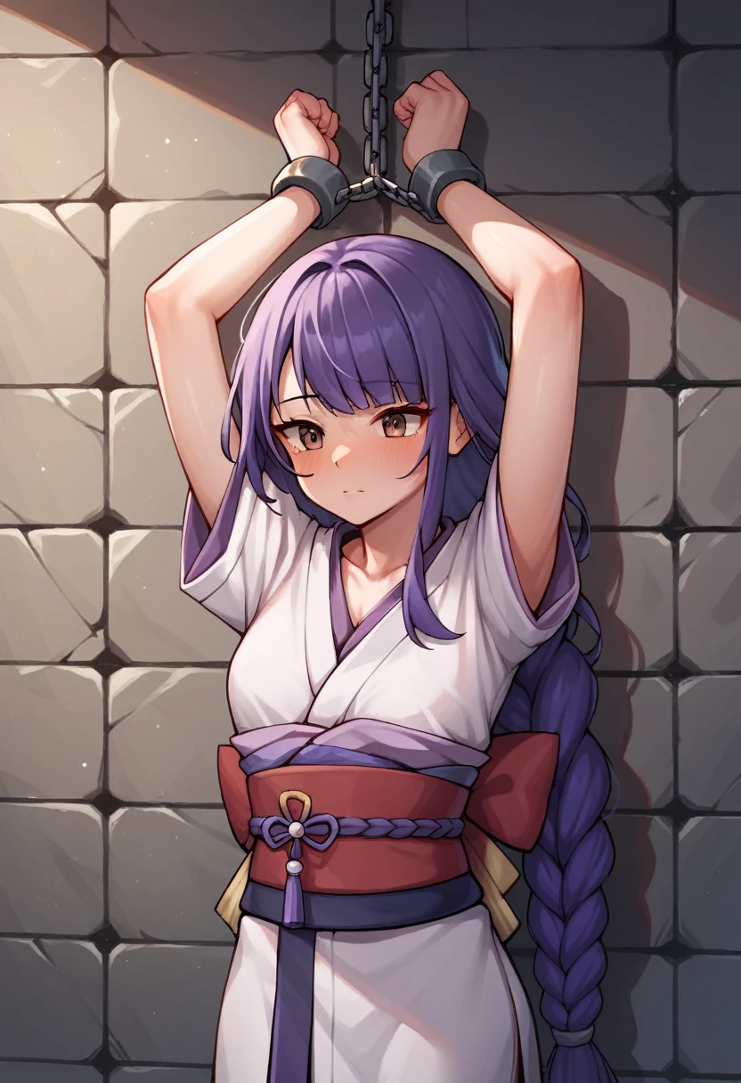 score_9, score_8_up, score_7_up, score_6_up, score_5_up, score_4_up, source_anime, 1girl,lora:raidenshogun1-000009:1>, raidenshogundef, upper body, worth, full body, wall, purple hair, long hair, brown eyes, w-w-chain, shackles, raise arms, messy hair, kimono, dungeon, best quality, best res, 4K UHD,