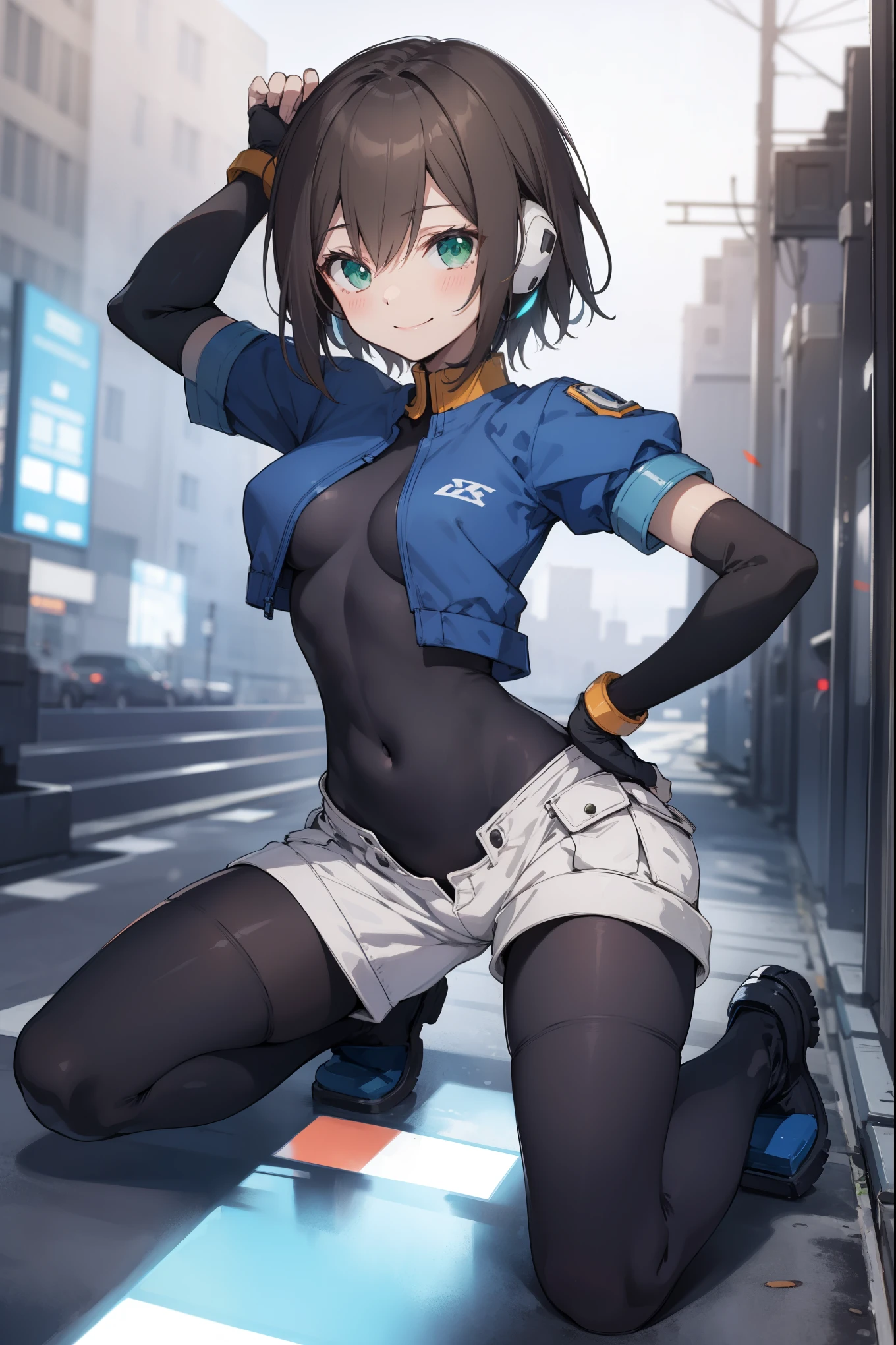 aile_megamanzx, kneeling with one hand on the ground and the other arm raised, 1girl, solo, short hair, brown hair, short sleeves, (bodysuit), robot ears, green eyes, short_shorts, short sleeves, short over long sleeves, smile, in futuristic city, , high quality, medium_breasts,crotch, slouch