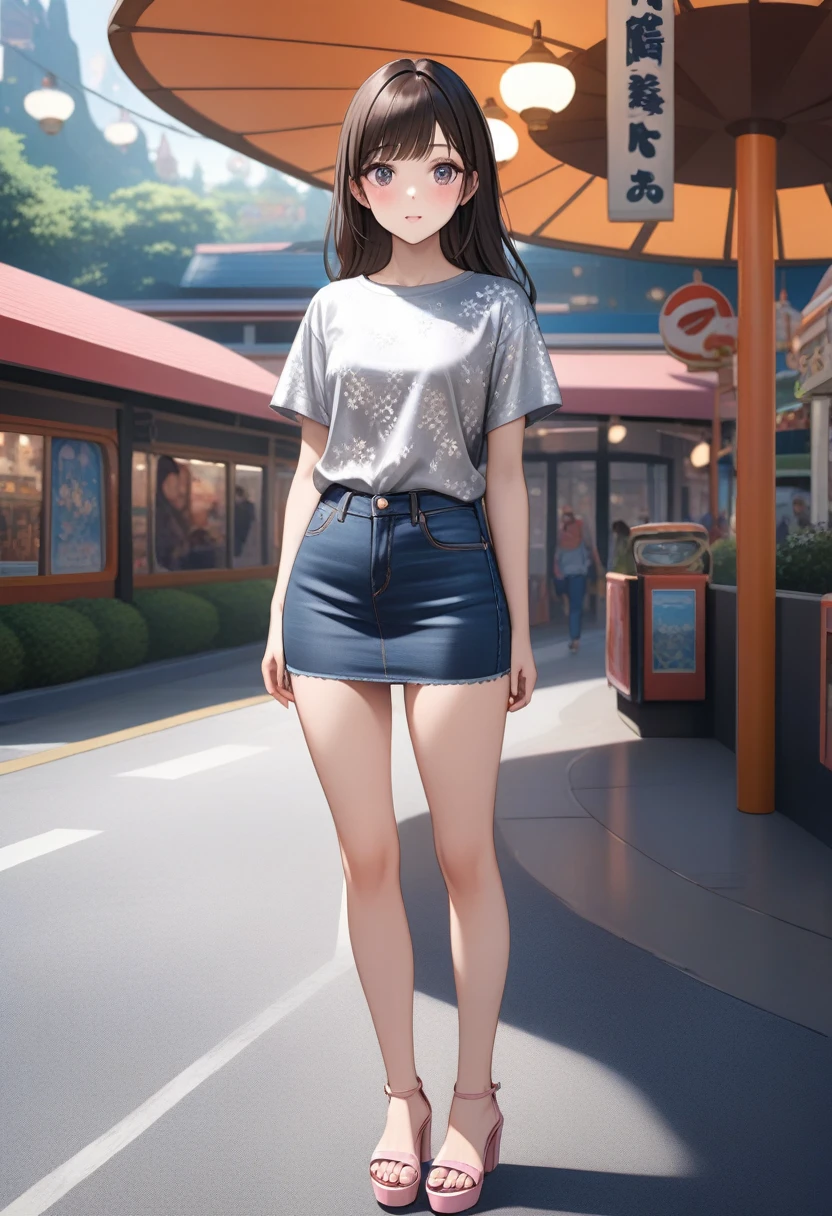 realistic anime of young woman is waiting bus, in front of outdoor theme park, (dark brown long hair with swept side bangs girl), (wear, silver flora pattern shirt, navy-blue denim tube mini skirt and pink heel sandals), (1girl, solo, full body), (masterpiece, best quality, expressive eyes, perfect face, japanese anime style)