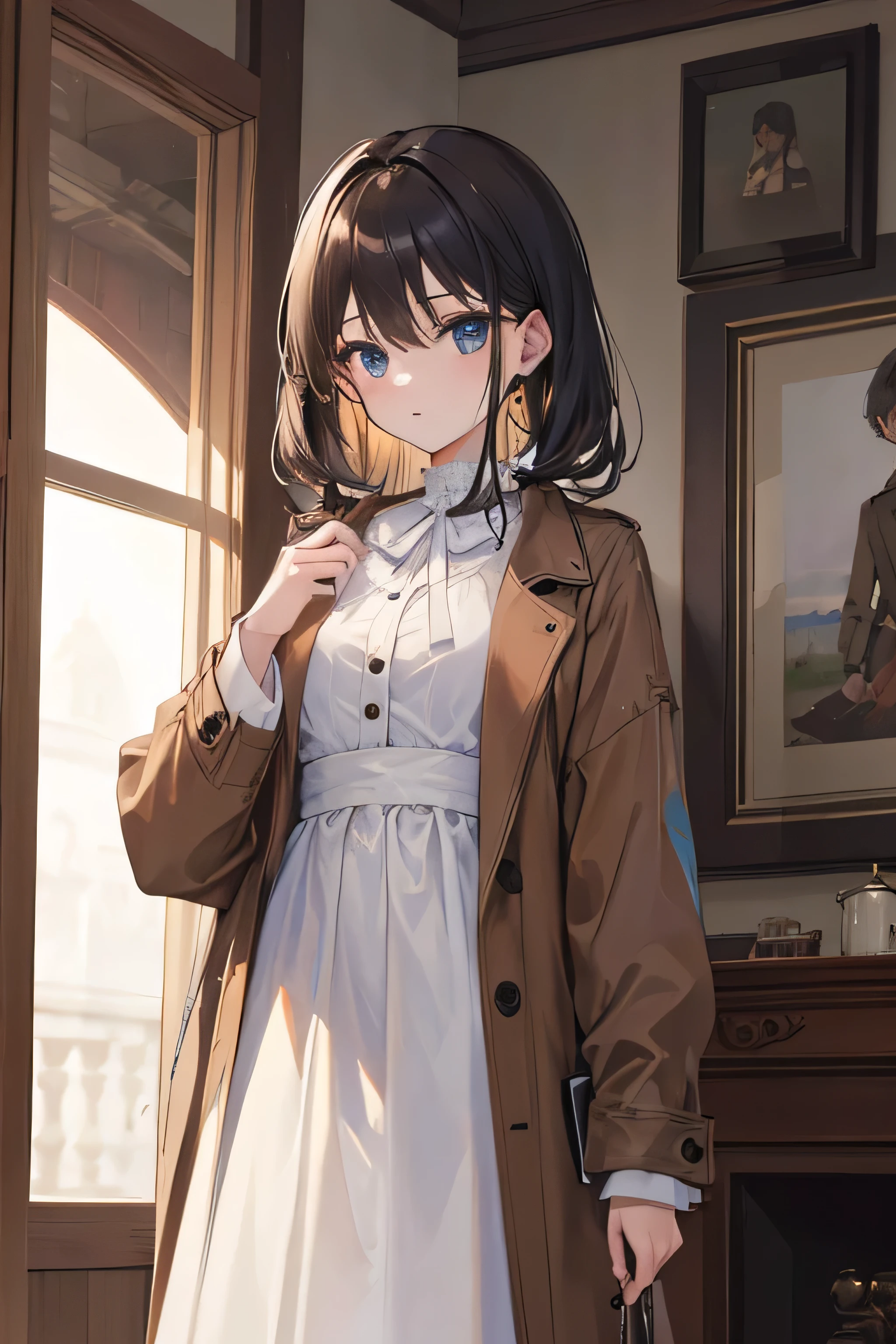 ((best quality)), ((Masterpiece)), (details), 1 girl, white long sleeve clothing, has a brown coat, brown long skirt
