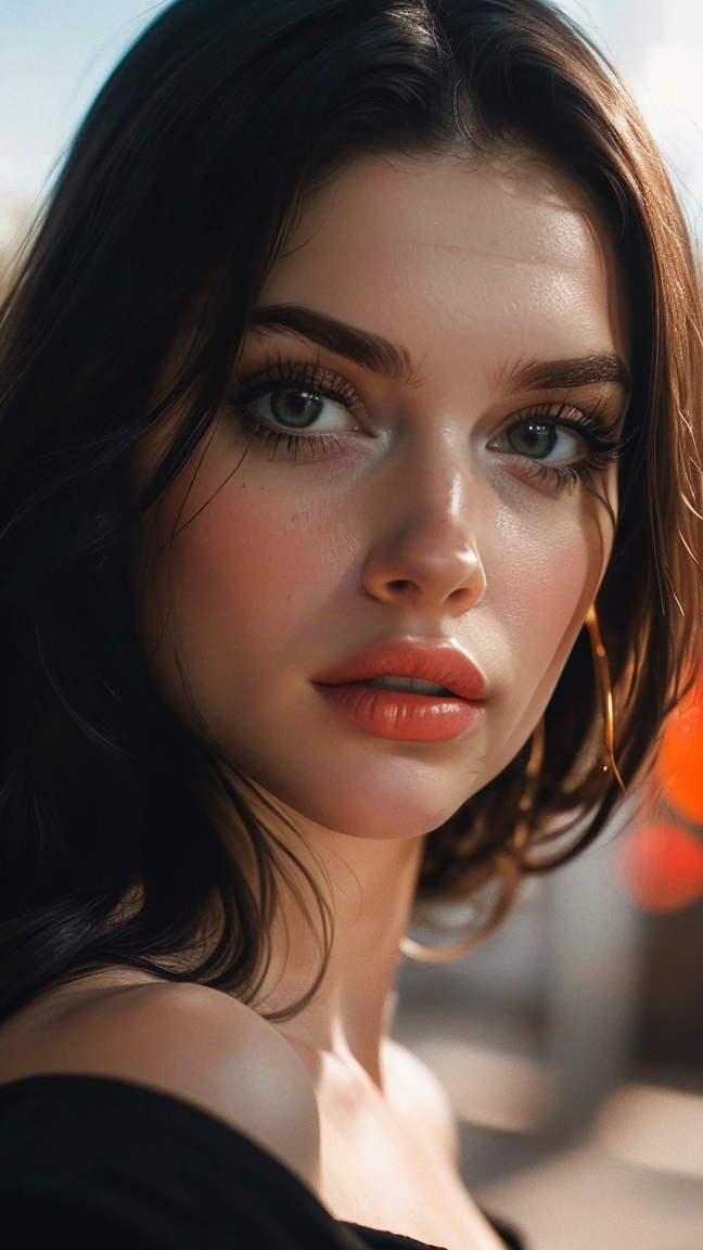 (((Ultra-realistic))) photograph, masterpiece, Highest quality, (Pale skin), (Highly detailed face and eyes:1.3), 1 girl, Adult, In a black T-shirt, (eye make up, Black mascara) , ((Big and thin lips)), ((Dark wavy hair)), ((Chorka)) , (Natural Breasts), ((Pause)), photograph撮影, (Side light), (Play of light and shadow), Depth of written boundary, Bokeh, (Attention to detail of skin: 1.2), Detailed leather texture, Skin pores. (The dark feel of the frame. Color Range - Black, orange, red, Yellow Tone), dr, (Film Grain), (light), ((Glare)), ((Portraiture, Get closer to the camera)) , Super detailed,