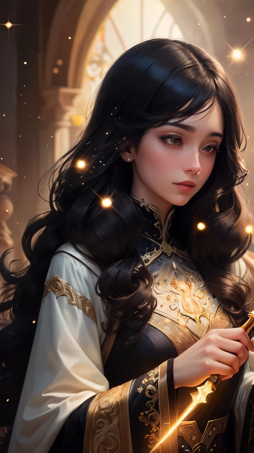 ((best quality)), ((masterpiece)), (detailed), A digital illustration of a long black haired young women creating magical clothes with a wand and sparkles surrounded by magical clothes