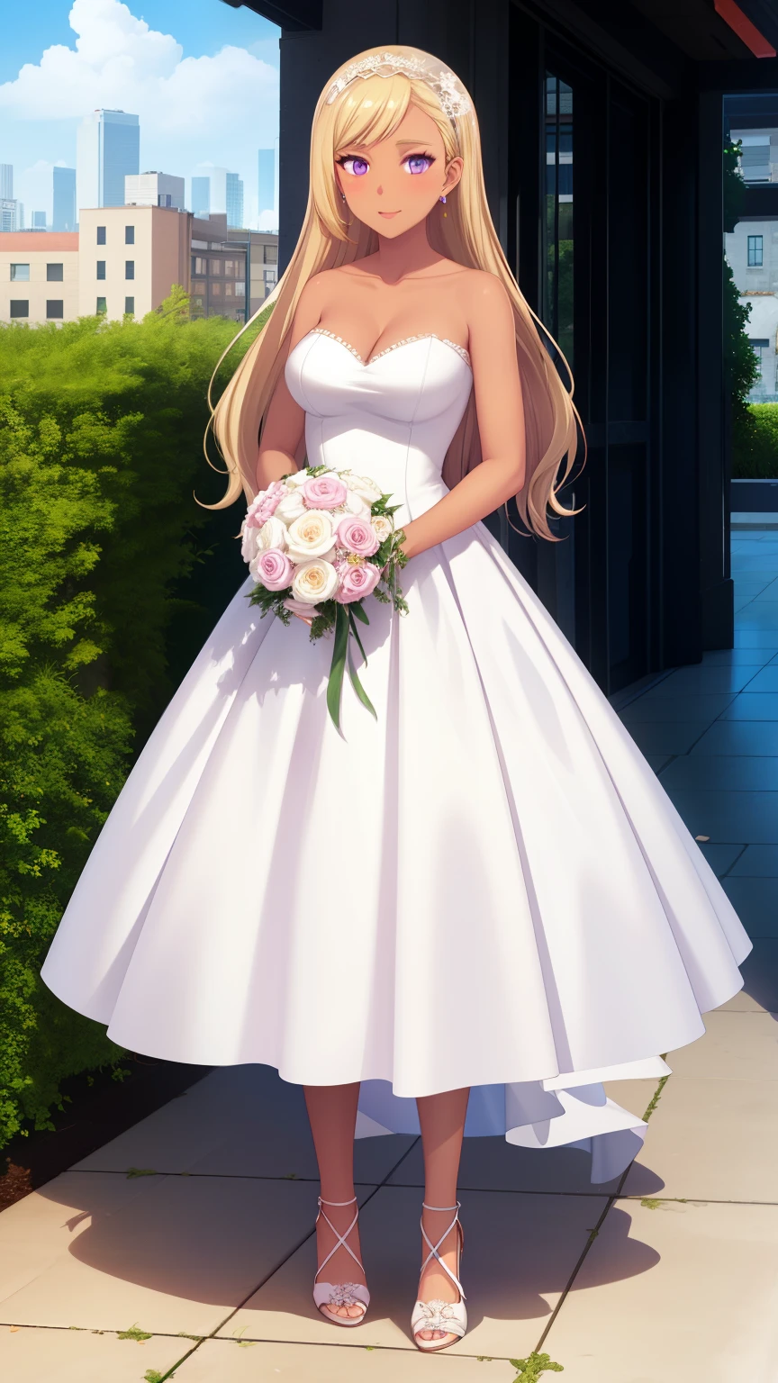 QUITTERIE RAFFAELI, LONG HAIR, BLONDE HAIR, PURPLE EYES, DARK SKIN, DARK-SKINNED girl, JEWELRY, EARRINGS, 1girl, solo, masterpiece, illustration, game CG, absurdres, highly detailed, wedding dress, city, garden, high heels