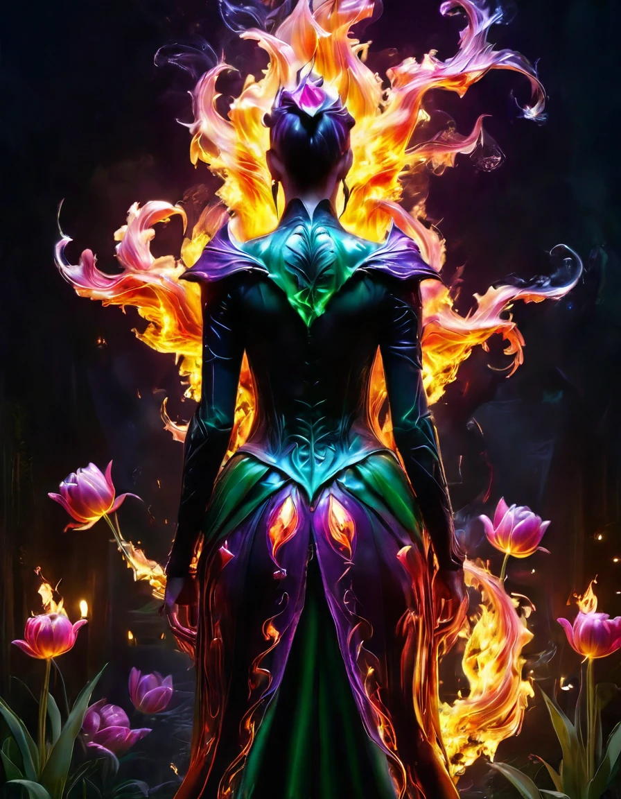 Arafed, Dark fantasy art, fantasy art, goth art, a picture of a tattoo of a tulip on the back of a female elf, a glowing tattoo of a ((tulip: 1.3)) on the elf's back, the ((tulip tattoo: 1.3)) is vivid, intricate detailed,  GlowingRunesAI_purple, ((fire surrounds the tulip: 1.5)), shot taken from the back, ((the back is visible: 1.3), she wears a transparent red dress, the dress is elegant, flowing, elven style, that the tattoos glow, dynamic hair color, dynamic hair style,  vibrant, Ultra-high resolution, High Contrast, (masterpiece:1.5),  highest quality, Best aesthetics, best details, best quality, highres, 16k, (ultra detailed: 1.5), masterpiece, best quality, (extremely detailed) RAW, (ultra details, Masterpiece, best quality) faize, Digital Painting, *channel_42*, rpg portrait