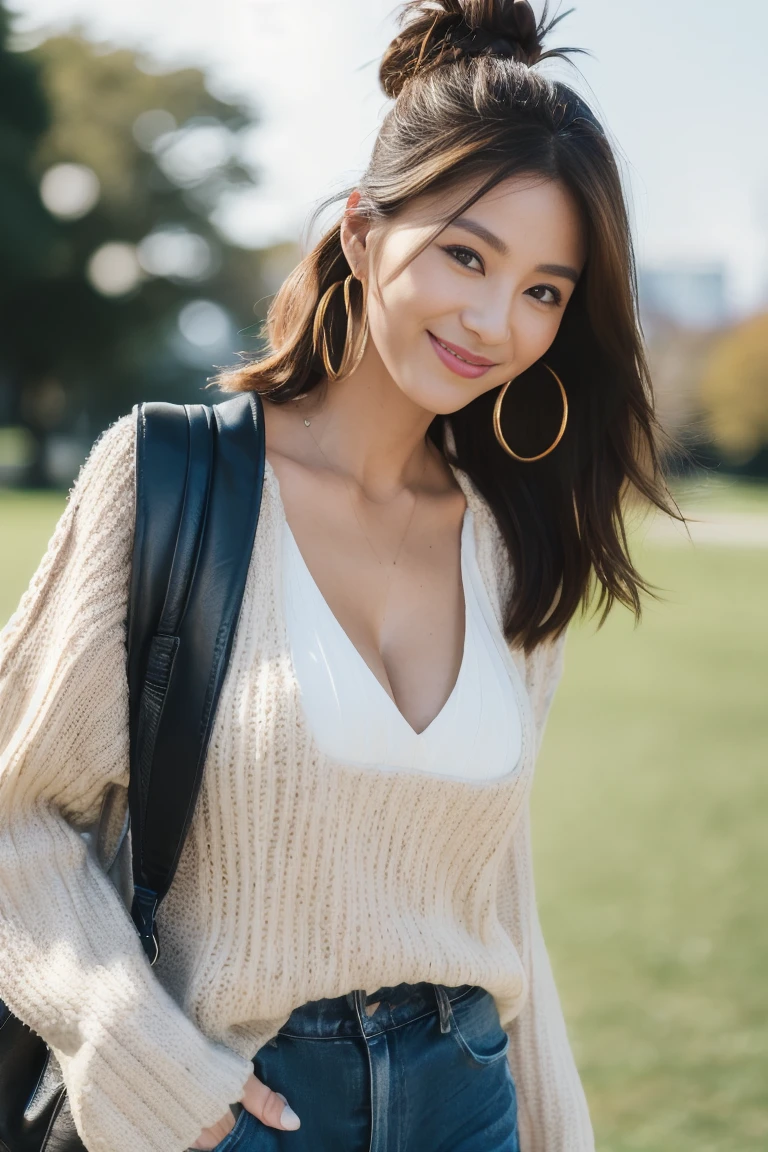 ( 16k, 8k , best quality, masterpiece, ultra high res, highly detailed face:1.3), an extremely detailed and delicate, SIGMA 85 mm F/1.4,  (A slender-faced beauty:1.2), (in the park:1.2), sunlight, extremely fine and beautiful, full body shot, Composition with the whole body in the picture, Japanese, (40 yo attractive wife:1.3), very beautiful, (large breast),(Emphasize the cleavage:1.3),  Seductive pose, (A cozy oversized knit sweater tucked into high-rise mom jeans, finished with white sneakers and a leather backpack. Add a pair of statement hoop earrings and a messy bun for a relaxed yet stylish look:1.3),(happy smile:1.3), (beautiful eyes :1.3), slender, long brown hair,  date,
