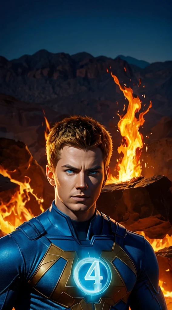 Human torch in desert. Fantastic four Blue Costume. Portrait. in flames. Fantastic Four logo on his chest. His entire body covered in fire