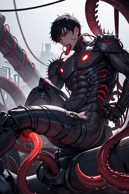 The subject of the image is a man with short black hair and red eyes. While being raped by the machine, the man's mouth and anus are violated by tentacles made from the machine, and his body floats in the air. Mechanical Rape, Man, the focus is a naked man tied to several thick wire cords and suspended in the air. Dim lighting, mechanical tentacles running around, raping the man as if he were a living thing. Deep throat, penis, semen flowing from anus, anal, man getting fucked. Torn clothes, dripping mucus, and a thick mechanical cord in his mouth. A man is anally raped by a thick mechanical tentacle.