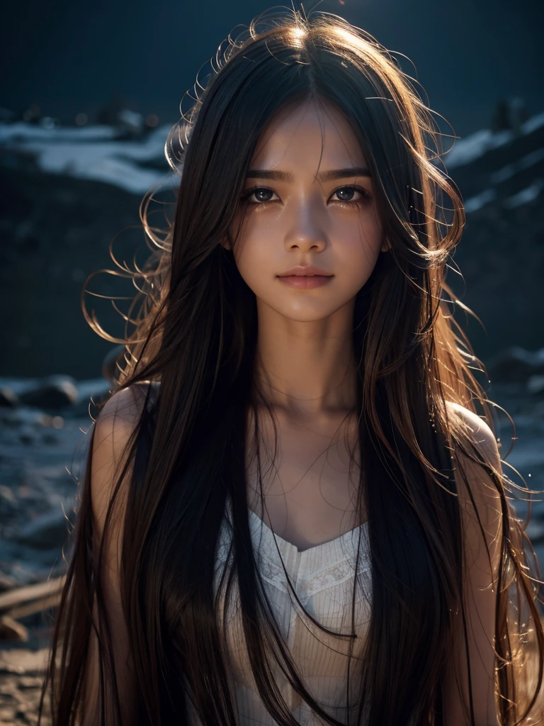 The starting point of a universal miracle,barrenwort,A beautiful girl crying at the bottom of the night, streaked hair, messy hair, long hair, expressive hair, evil smile, Surrealism, cinematic lighting, overexposure, uhd, uhd, masterpiece, textured skin, high details, best quality, highres, award winning