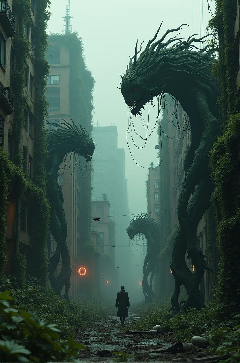 Large format 8k quality photo of city destoyed by deadly poisonous ivy vines and anthropomorphic plants, dystopic cinematic lighting, shot on ARRI ALEXA 65 with 50mm lens
