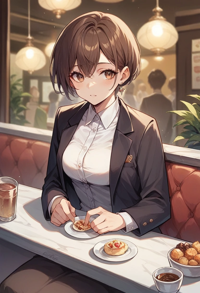 Create a white woman, brown short hair, wearing a dark blazer, middle-aged in a luxurious cafe