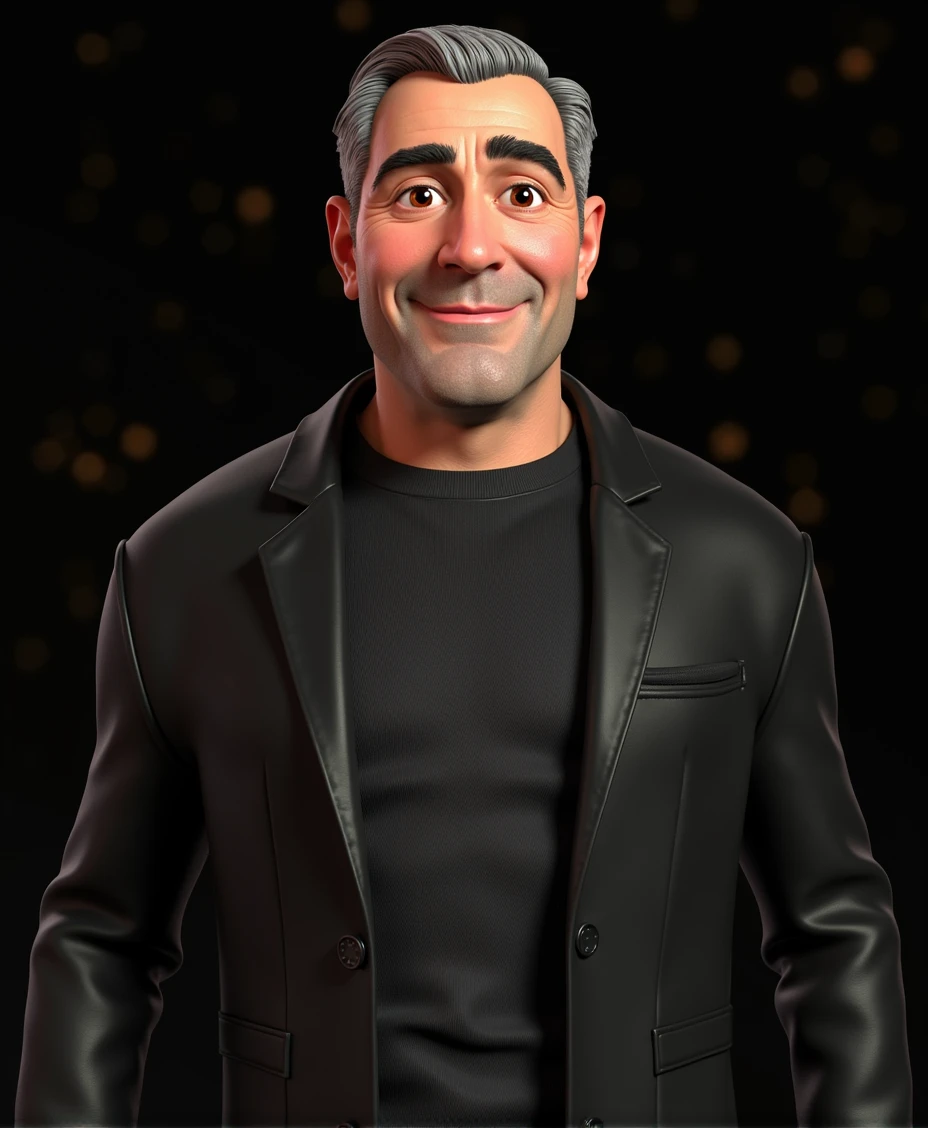 Cartoon character of a man, 40 years old, curved eyebrows, gray hair, brown eyes, black outfit, Stylized character, animation style rendering, stylized 3D, Arnold Maya rendering, cartoon rendering, 3D character, 3D character rendering, cartoon character, Close-up character, (Pixar style) (master part: 1.2) (Bokeh) (best quality) (detailed skin) (detailed texture) (8K) (clay) (scientific lighting) (sharp focus)