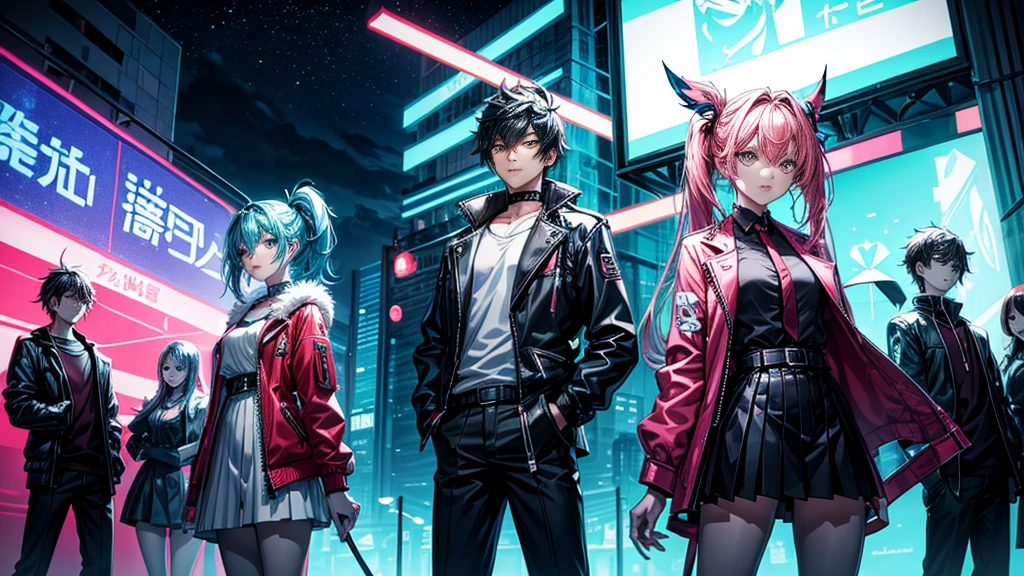 Create a vibrant anime scene featuring a group of stylish teenagers in a neon-lit city at night. Use bold colors and dynamic lighting.