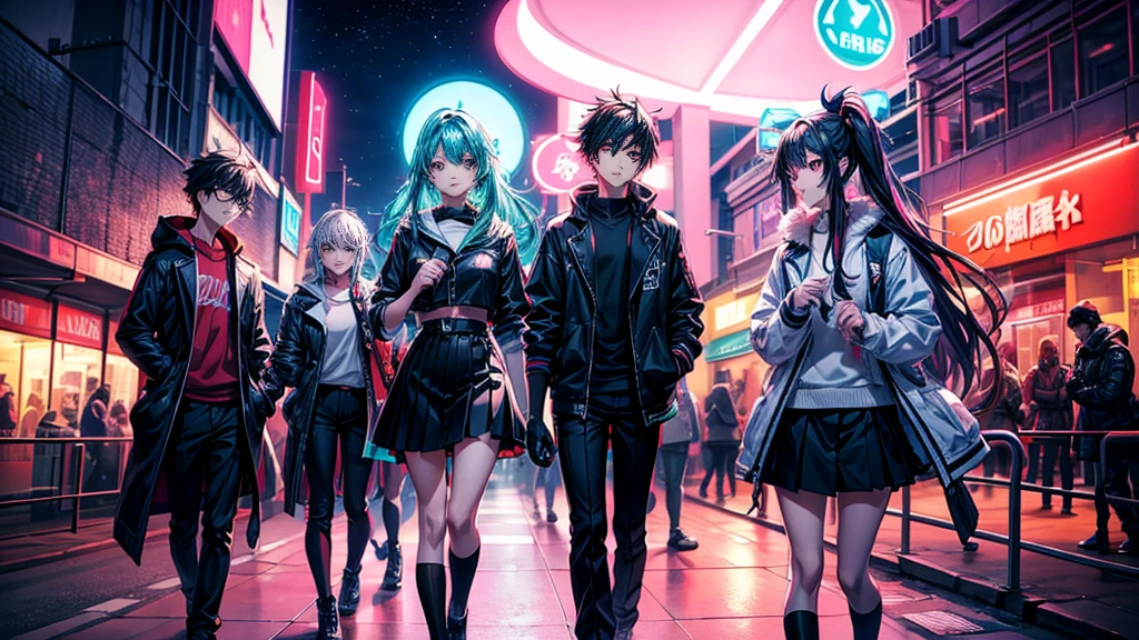 Create a vibrant anime scene featuring a group of stylish teenagers in a neon-lit city at night. Use bold colors and dynamic lighting.