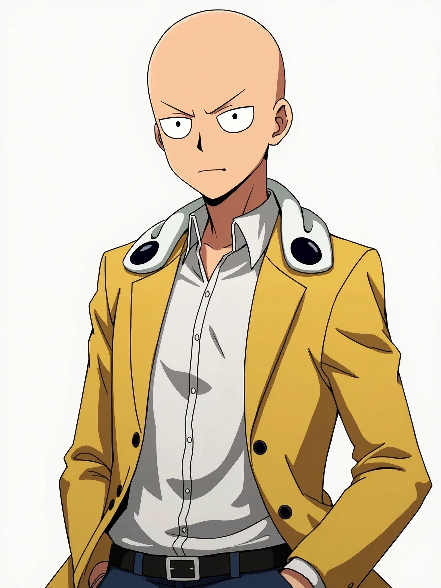 Generate 7 different images of Saitama from One Punch Man with a transparent background. Each image should depict Saitama as if he is hosting a program, with a captivating and expressive pose. Ensure that his expression is engaging and dynamic, reflecting his characteristic nonchalance and confidence. The images should be high-quality with no background, allowing for seamless integration into videos
