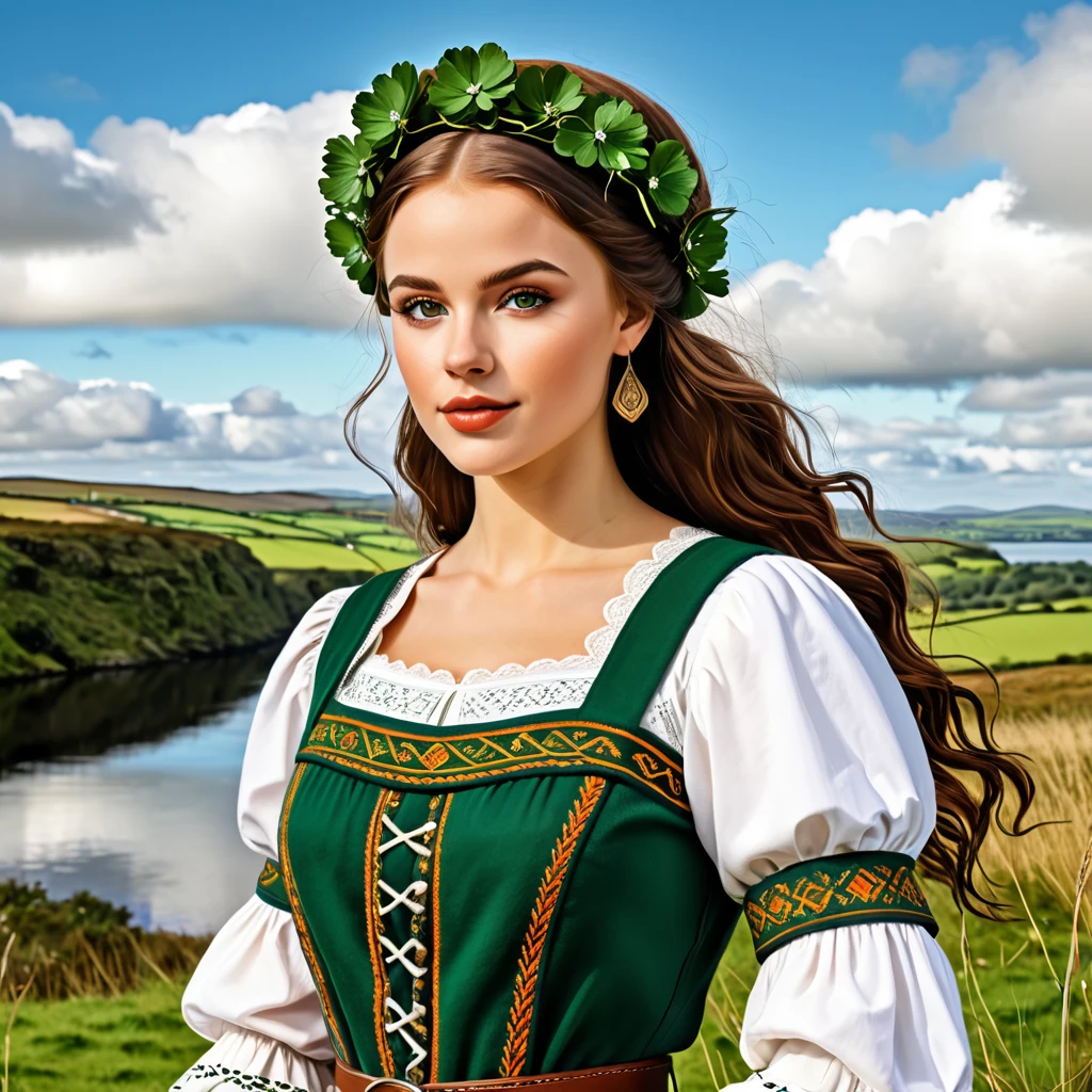 woman in ireland folk outfit, vector graphics, strong contours