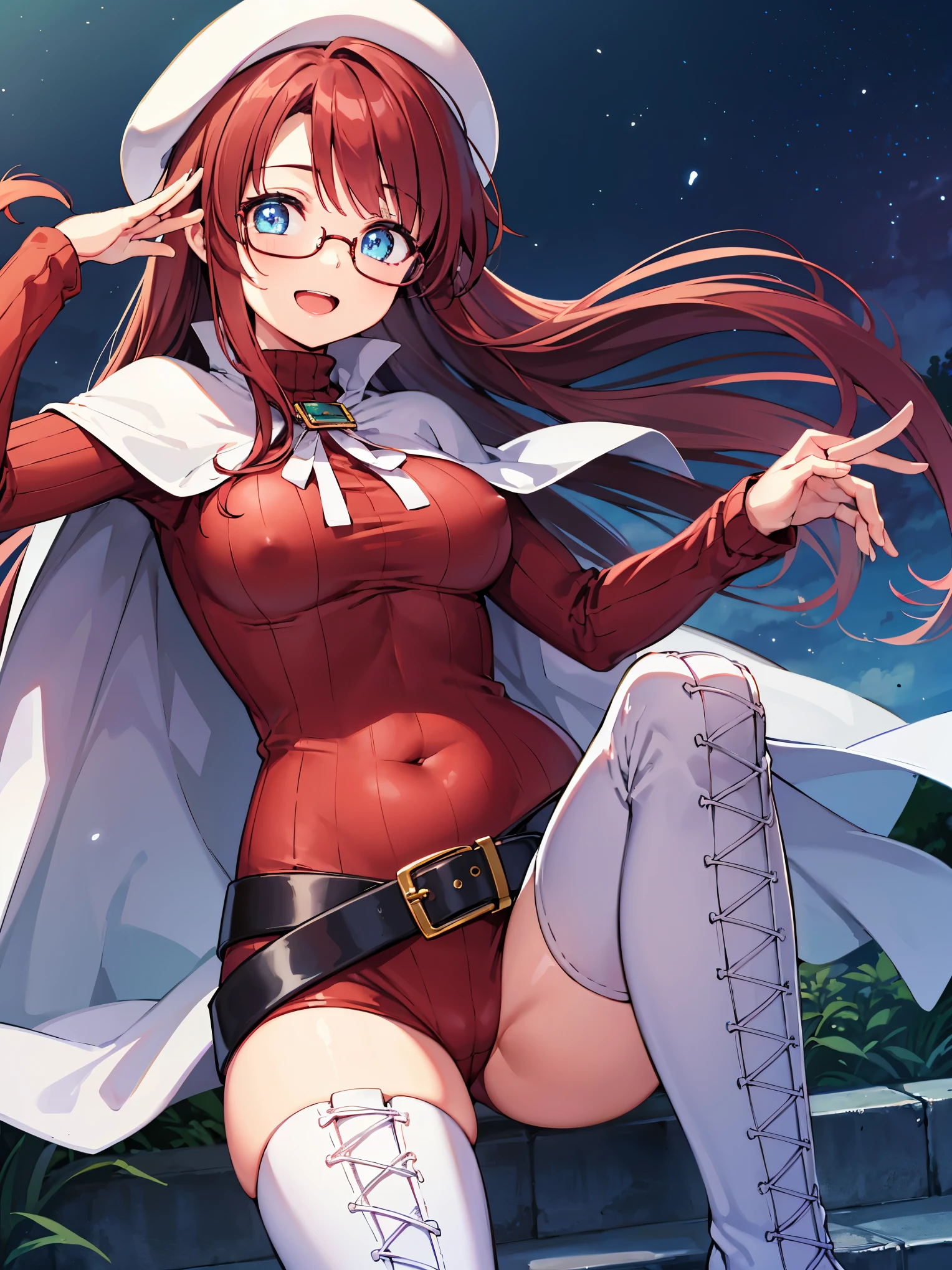 summonnightaty, aty, (young:1.3),long hair, blue eyes, red hair, big_tits, hat, glasses,
BREAK long hair, thighhighs, hat, dress, naked_legs, glasses, belt, cape, sweater, zettai ryouiki, beret, thigh boots, white footwear, ribbed sweater, loose belt,solo,
BREAK outdoors, fantasy,
,Highquality_hads,perfect_fingers,
BREAK (masterpiece:1.2), best quality, high resolution, unity 8k wallpaper, (illustration:0.8), (beautiful detailed eyes:1.6), extremely detailed face, perfect lighting, extremely detailed CG, (perfect hands, perfect anatomy),covered_nipples,covered_navel ,half_eyes,long_sword,sleepy_eyes,red_sweater,apart_knees,magical_effect,spread_legs, have_a_book,teacher,rise_knee,Smile,rise_hand,look_down_viewer,spread_arms,,looking_into,plump,open_mouth, dynamic_posing,solo,in_Emodern_town_landscape,night_sky,solo