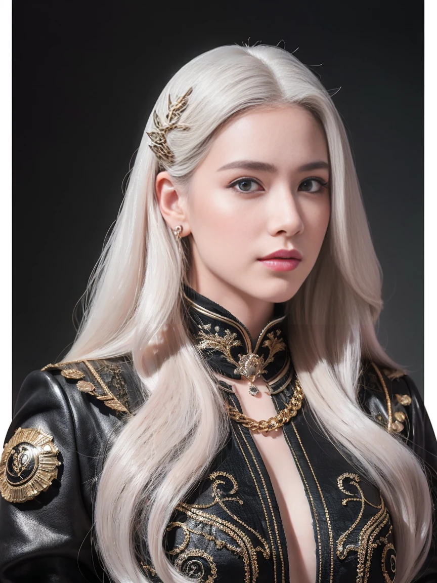 Portrait of a beautiful girl with wavy white hair, Wear a formal black dress with metallic pieces., conjunctivitis, Initials in the background, Digital Painting, dark color, 8ก, complicated details, vintage, สไตล์ย้อนยุคแห่งfuture, Sharp focus on the center, pastel colors, art station, (sci-fi, future, future theme), (The expression was disdainful.), (detailed illustration)