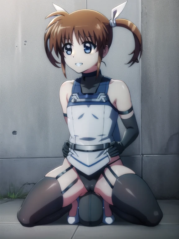 nanohatakamachi, Nanoha Takamachi, takamachi nanoha, Brown Hair, Twin tails, blue eyes,
prison, concrete wall, concrete floor, bare shoulders, femdom, dominatrix, black bustier, black stockings, black g-string, black high heels, black garter belt, black elbow gloves, looking at viewer, ((evil grin)), boy lying on floor, facesitting,