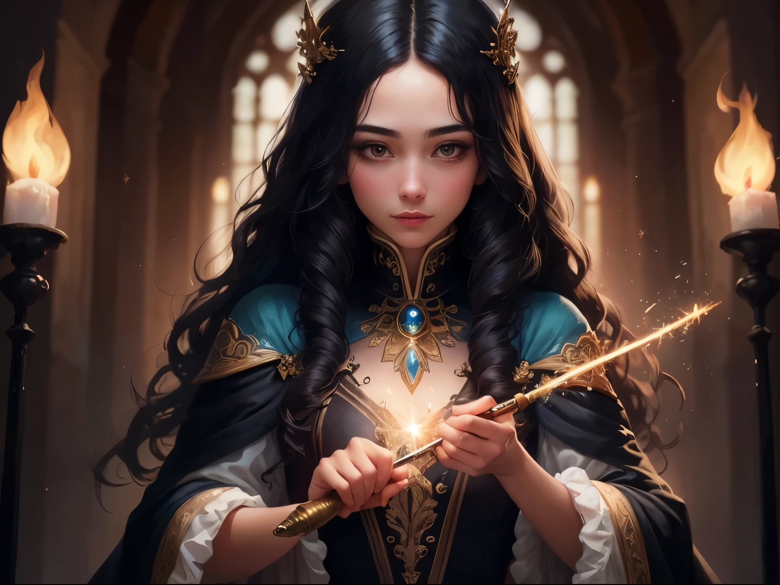 ((best quality)), ((masterpiece)), (detailed), A digital illustration of a long black haired young women creating magical clothes with a wand and sparkles surrounded by magical clothes