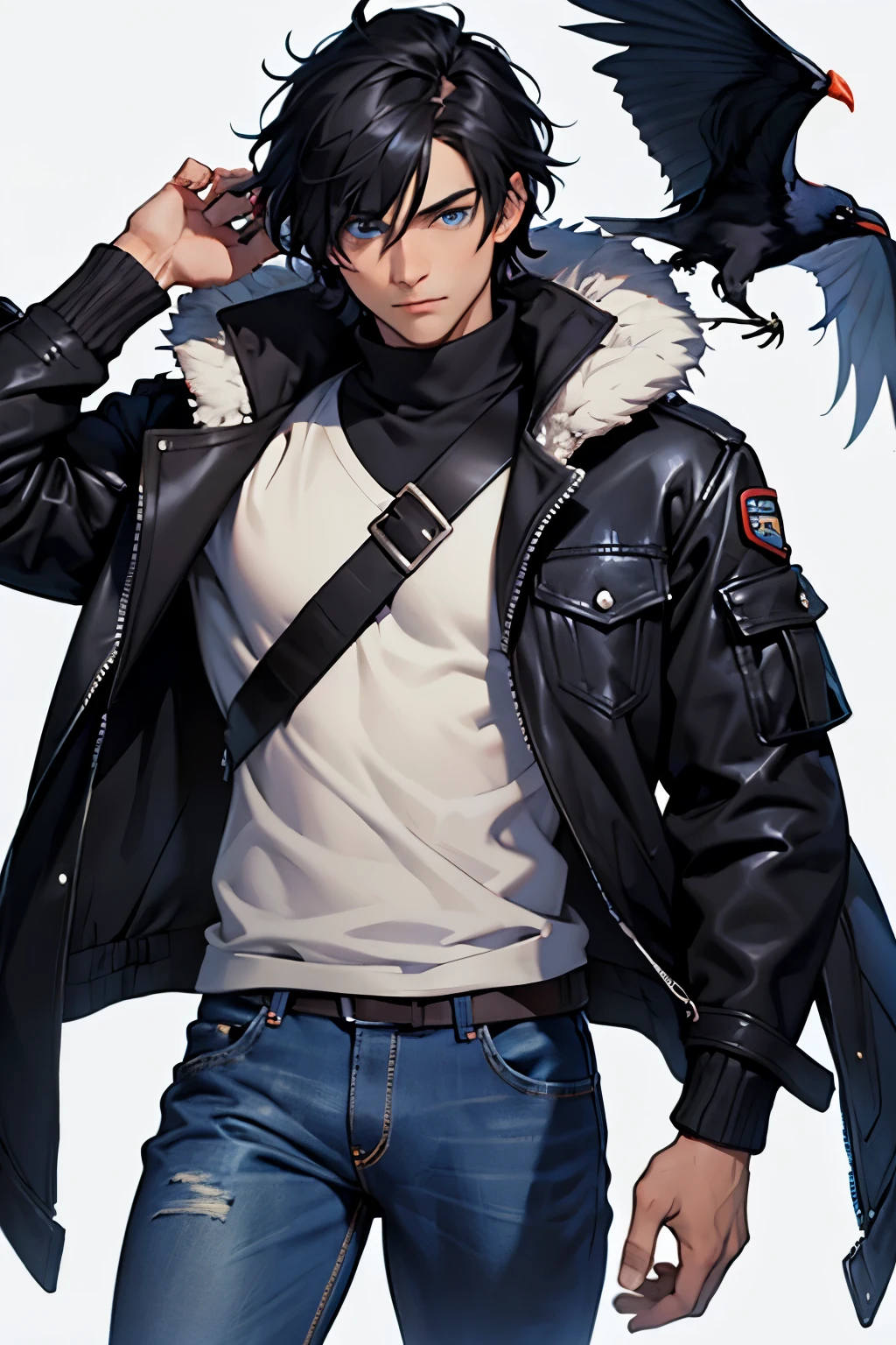 boy, black hair, Blue eyes, warm jacket with fur collar, jeans, Raven on the shoulder