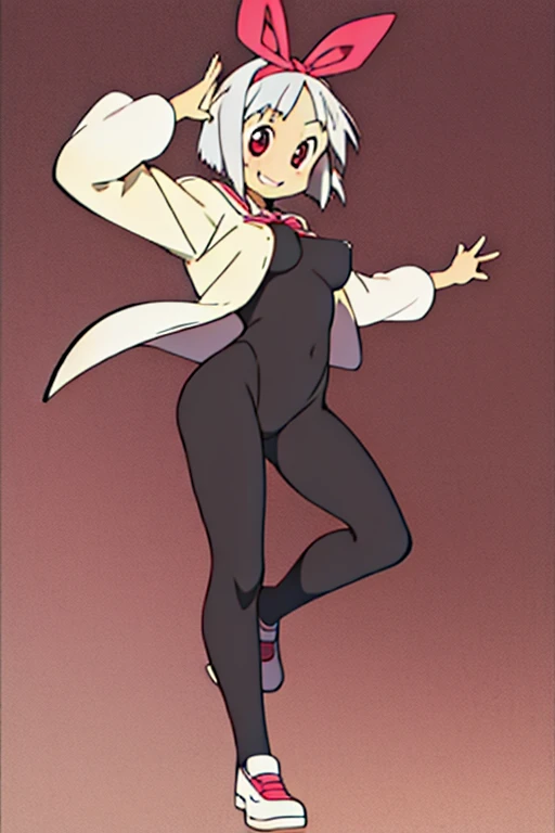 Haruna Annaka, white hair, short hair, big pink headband, pink headband, pink eyes, beautiful drawing, detailed background, Whole body, smile, medium size boobs, black legs lycra, long white shirt, dynamic pose
