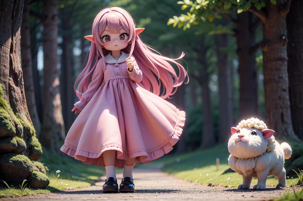 masterpiece, Highest quality, 8k, high details, Vivid, young woman, Sheep, It's hot, (trip, Sahara, 大きなtrip鞄を持っている), cute, Directed at an angle, Open your mouth, Mokomo Konoko hair, Long Hair, Hair like sheep's hair, Pink Hair, eyebrow, 太いeyebrow, Pink dress, Long skirt, Light blue cardigan, Brown shoes