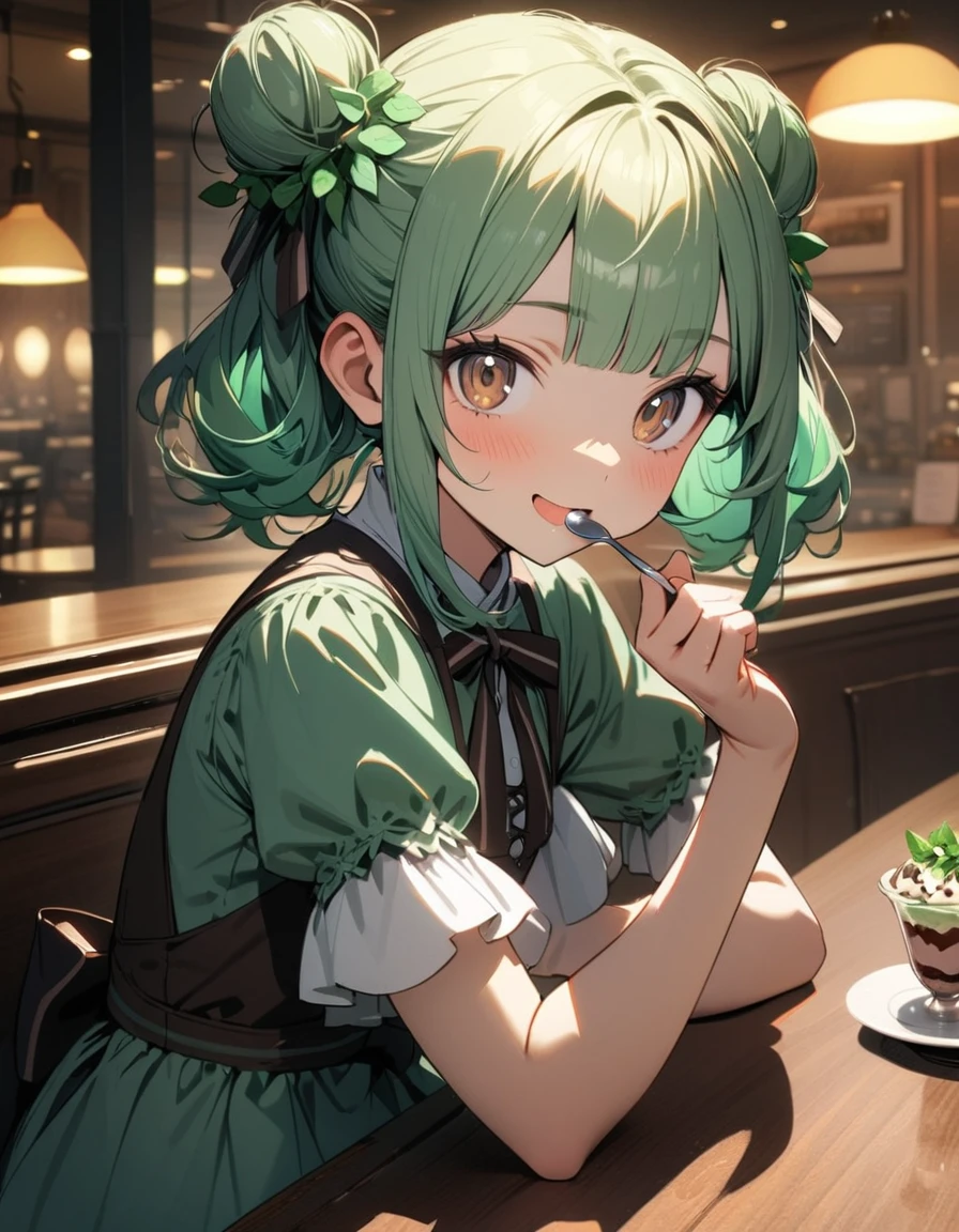 1 girl,amazing quality, aesthetic, aesthetic,ultra-detailed face,detailed eyes,yo,(Brown eyes),lash extension,Mint green hair,blunt bangs,Mint leaves hair accessory,double hair buns,Short sleeves,Mint green Lolita,brown Lolita,Perfect hands, perfect fingers,holding a spoon,Looking at viewer,happy,one Chocolate mint parfait on the table,Sitting,indoors French Restaurant,rim light,masterpiece,8K,top quality, highly detailed illustration