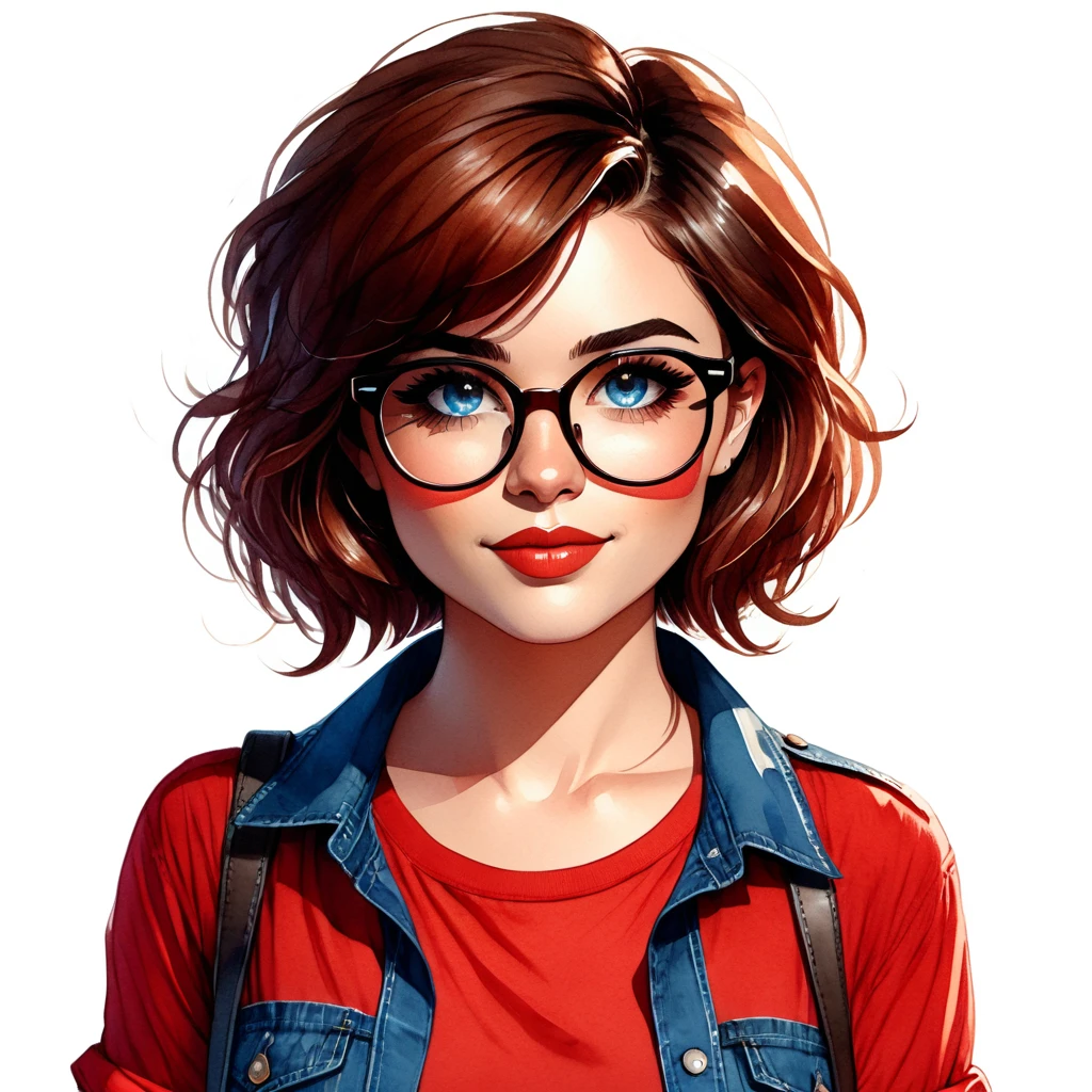 Watercolor chibi drawing of a Brazilian woman with short brown hair and glasses. With striking blue eyes, She wears a red blouse and denim shorts. The confident posture highlights the character. HD illustration, 8k, arte vetorial por Charlie Bowater e Amy Sol