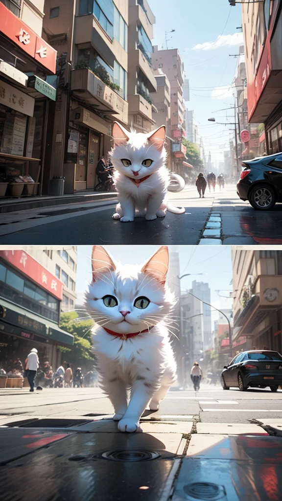Cute kitten。Looking forward。Kawaii。white hair。Urban street background,middle shot of the scene,Whole body like, Highly detailed two-dimensional anime special effects,oc gerendert,Shot at 70 mm - AR 16:9 --q 2 --s 1000