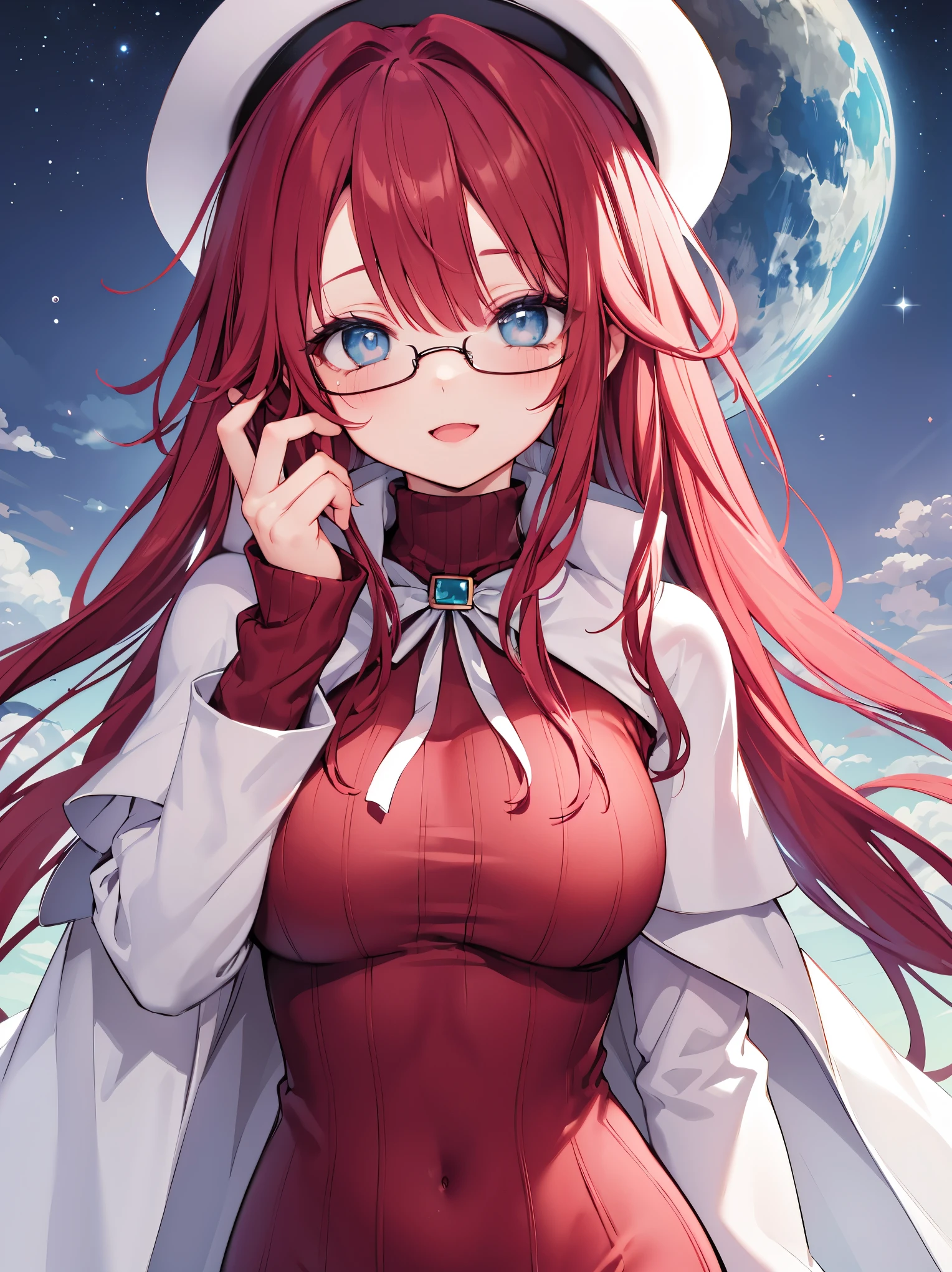 summonnightaty, aty, (young:1.3),long hair, blue eyes, red hair, big_tits, hat, glasses, BREAK long hair,, hat, dress,glasses, cape, sweater, beret,ribbed sweater,,solo, BREAK outdoors, fantasy, BREAK (masterpiece:1.2), best quality, high resolution, unity 8k wallpaper, (illustration:0.8), (beautiful detailed eyes:1.6), extremely detailed face, perfect lighting, extremely detailed CG, perfect anatomy),covered_nipples,half_eyes,sleepy_eyes,red_sweater,magical_effect,,Smile,open_mouth,solo,in_modern_town_landscape,night_sky,solo,portrait,bust up,looking_viewer