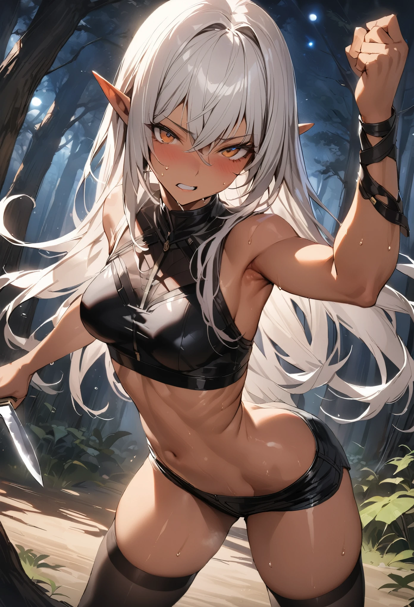 Action Scenes、((masterpiece,best quality anime,Highest quality:1.3)),realistic,cowboy shot,(Mature Beauty),1 Dark Elf female、独奏,((very small head:1.4)),ideal ratio body proportions,((tan skin)),elf ear,Silver Hair,bangs,straight long hair,gorgeous big eyes,brown eyes,Sharp Eyes,(Assassin Outfit、Black tube top shirt,Black micro shorts、black_thighhighs、Holding a big knife),((slender body,skinny,toned body)),medium breasts,naked,gleaming skin,shiny skin,sweat,(Fighting stance with a knife)、forest、Many trees、at night、moonlight、Fantasy World、