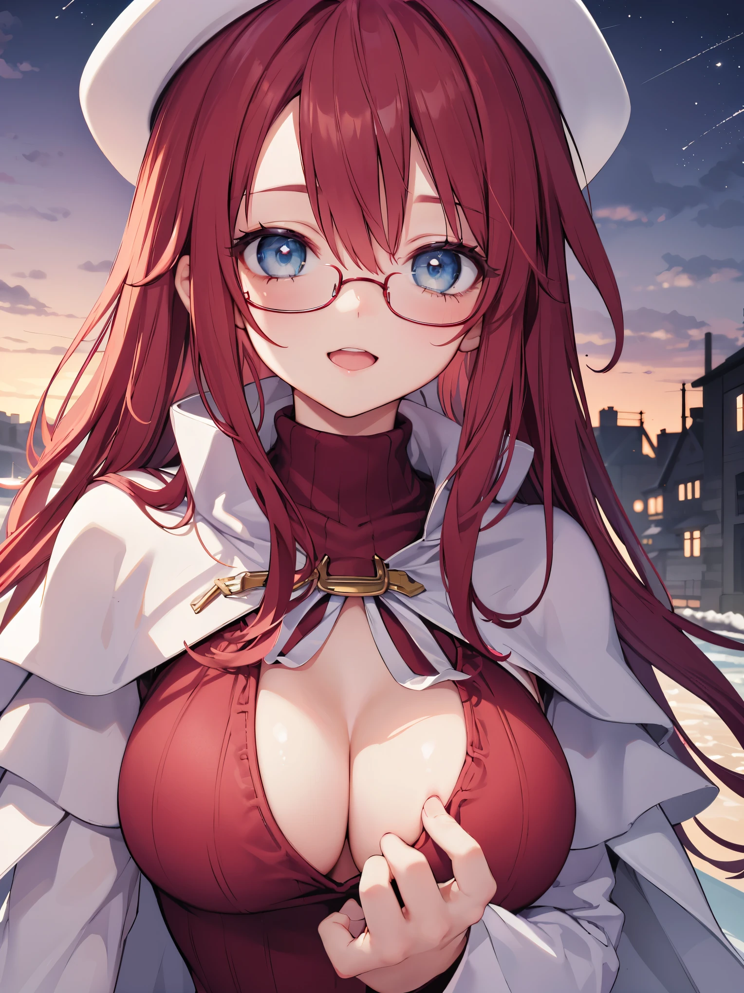 summonnightaty, aty, (young:1.3),long hair, blue eyes, red hair, big_tits, hat, glasses, BREAK long hair,, hat, dress,glasses, cape, sweater, beret,ribbed sweater,,solo, BREAK outdoors, fantasy, BREAK (masterpiece:1.2), best quality, high resolution, unity 8k wallpaper, (illustration:0.8), (beautiful detailed eyes:1.6), extremely detailed face, perfect lighting, extremely detailed CG, perfect anatomy),covered_nipples,half_eyes,sleepy_eyes,red_sweater,magical_effect,,Smile,open_mouth,solo,in_modern_town_landscape,night_sky,solo,portrait,bust up,looking_viewer
