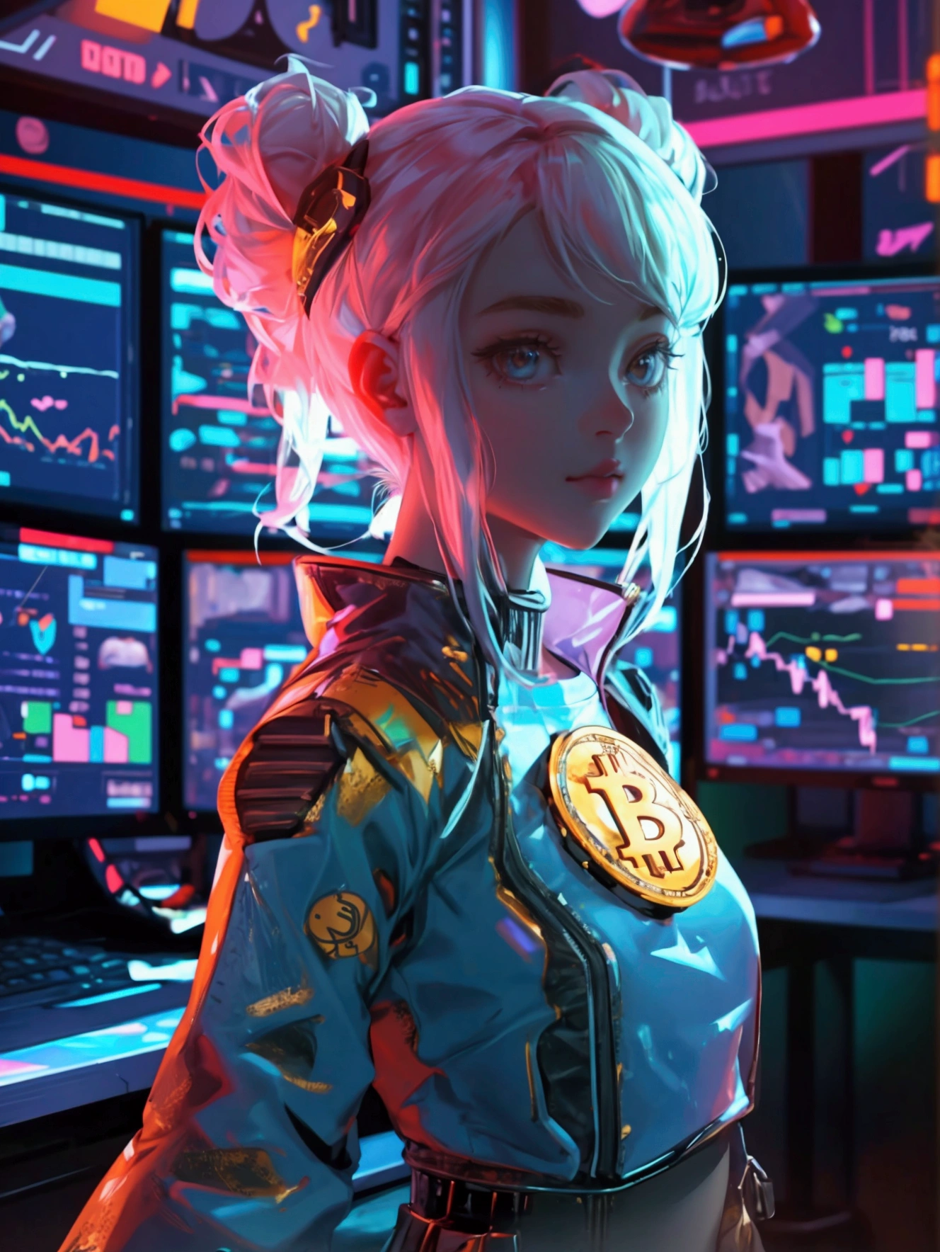 A high-tech control room filled with monitors and charts, with a focus on cryptocurrency. a beautiful, cute girl with a Bitcoin-themed outfit and accessories, styled to match the scene. The background, including the computers, monitors, and charts, remains exactly the same, preserving the original feel of the image