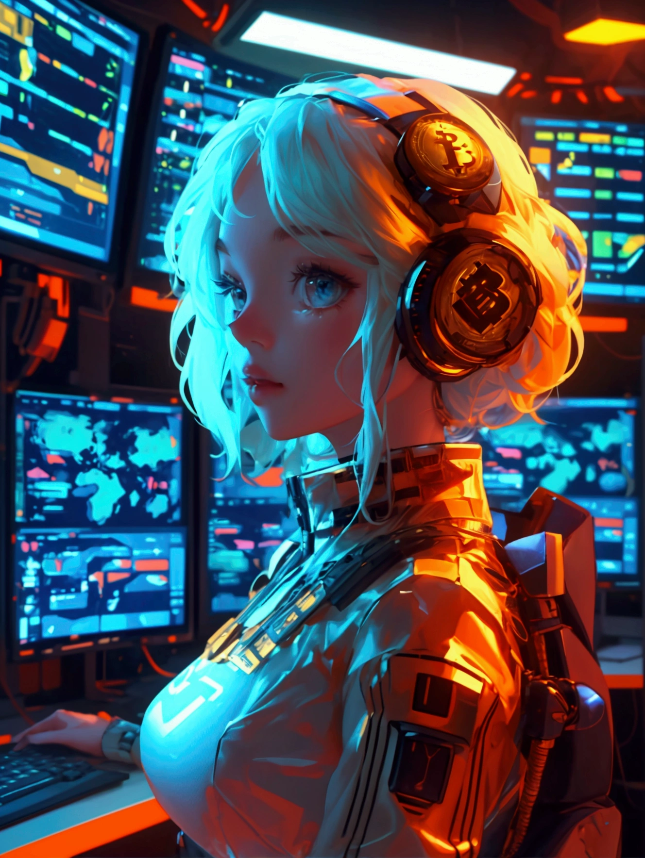 A high-tech control room filled with monitors and charts, with a focus on cryptocurrency. a beautiful, cute girl with a Bitcoin-themed outfit and accessories, styled to match the scene. The background, including the computers, monitors, and charts, remains exactly the same, preserving the original feel of the image