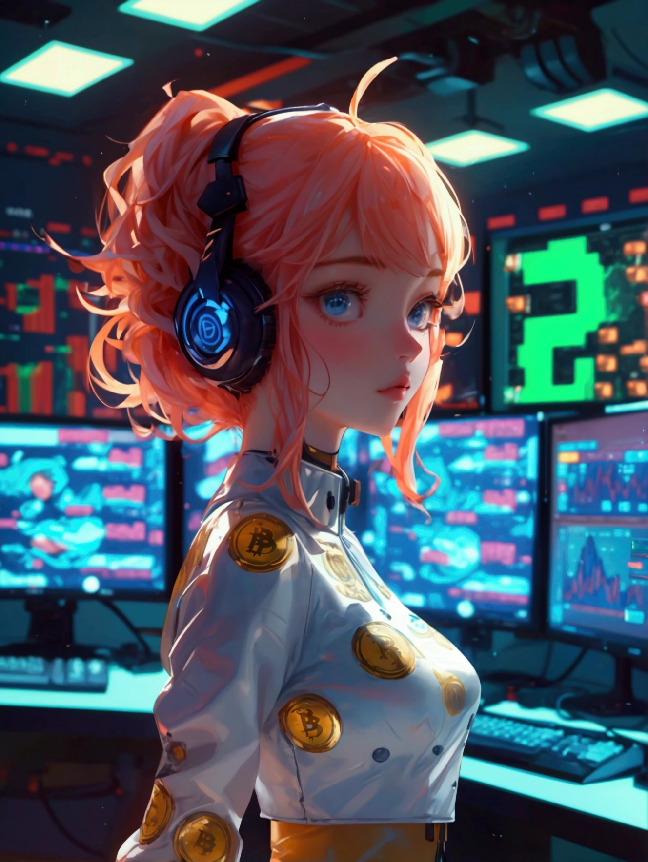 A high-tech control room filled with monitors and charts, with a focus on cryptocurrency. a beautiful, cute girl with a Bitcoin-themed outfit and accessories, styled to match the scene. The background, including the computers, monitors, and charts, remains exactly the same, preserving the original feel of the image