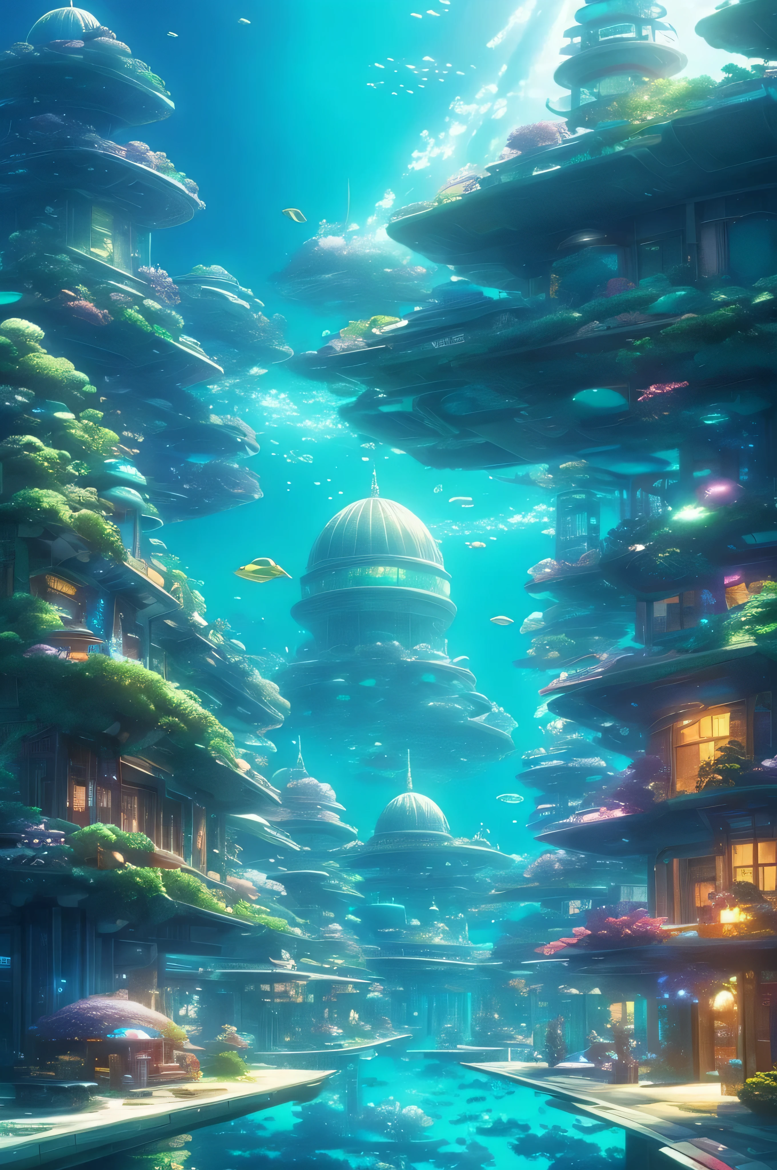 An underwater metropolis with bubble domes, inhabited by merfolk and sea creatures。There is a square in the middle。Makoto Shinkai anime style。There is an iconic building。seabed