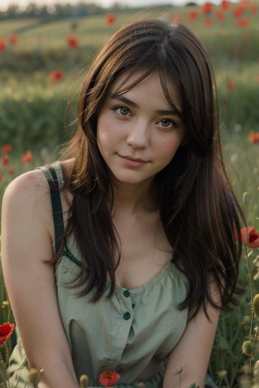 Dark-haired girl, slight smile, with greenish eyes to be in a field where poppies grow