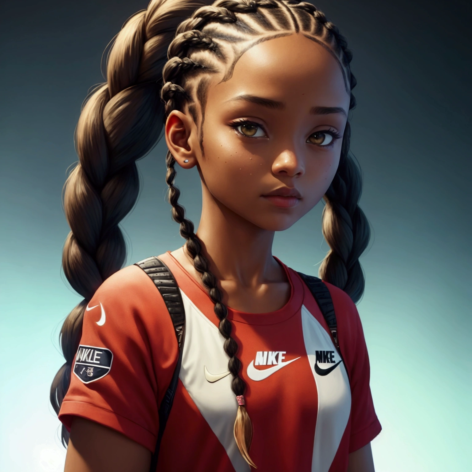 with braids and wearing nike