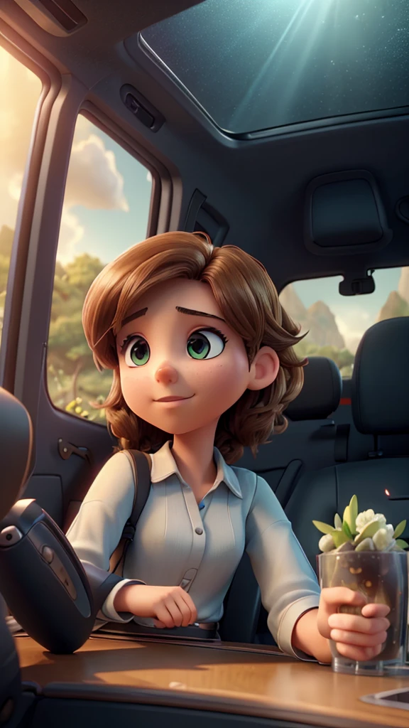 a young man and a young woman traveling in a car, realistic, highly detailed, photorealistic, 8k, best quality, hyper detailed, cinematic lighting, volumetric lighting, dramatic lighting, epic lighting, intricate details, complex environment, seamless blending, vivid colors, dynamic composition, beautiful scenery, lush landscape, golden hour, natural sunlight, beautiful sky, detailed clouds, volumetric atmosphere, elegant poses, cinematic camera angle, wide angle lens, high quality render, professional grade, digital painting, masterpiece