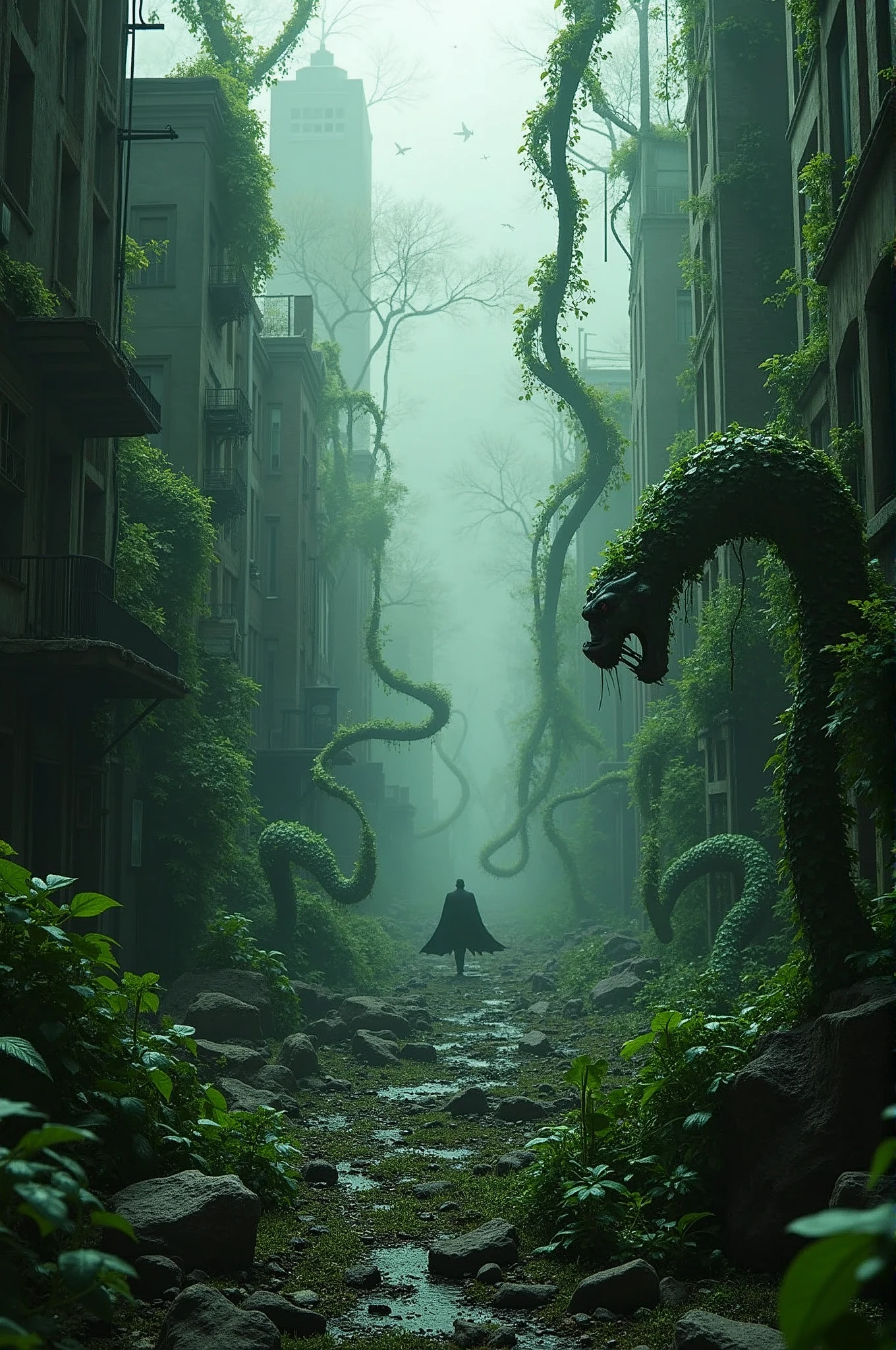 Large format 8k quality photo of arkham city destoyed by deadly poisonous ivy vines and plants looking like panthers, dystopic cinematic lighting, shot on ARRI ALEXA 65 with 50mm lens
