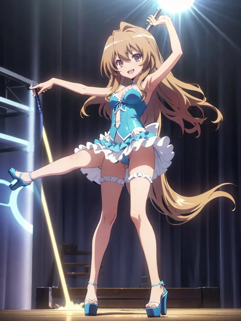 Taiga_Aisaka in sexy Brazilian carnival outfit and light blue stripper sexy platform open high heels posing happy front