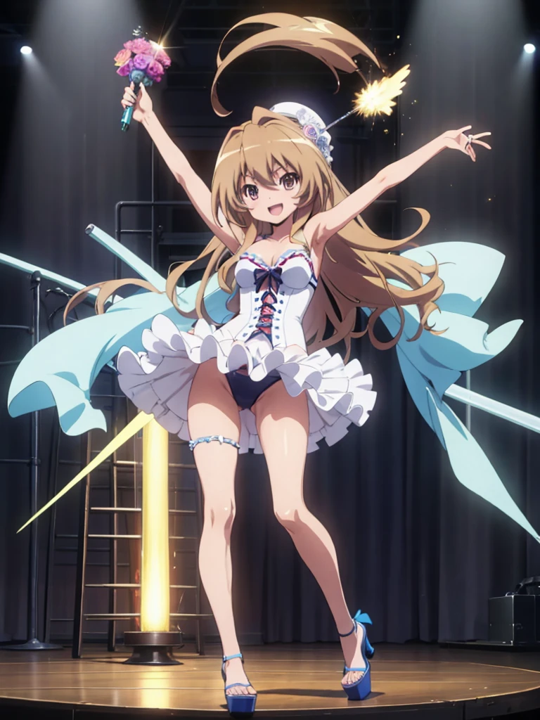 Taiga_Aisaka in sexy Brazilian carnival outfit and light blue stripper sexy platform open high heels posing happy front