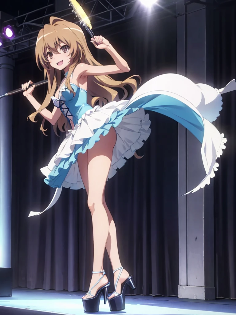 Taiga_Aisaka in sexy Brazilian carnival outfit and light blue stripper sexy platform open high heels posing happy front