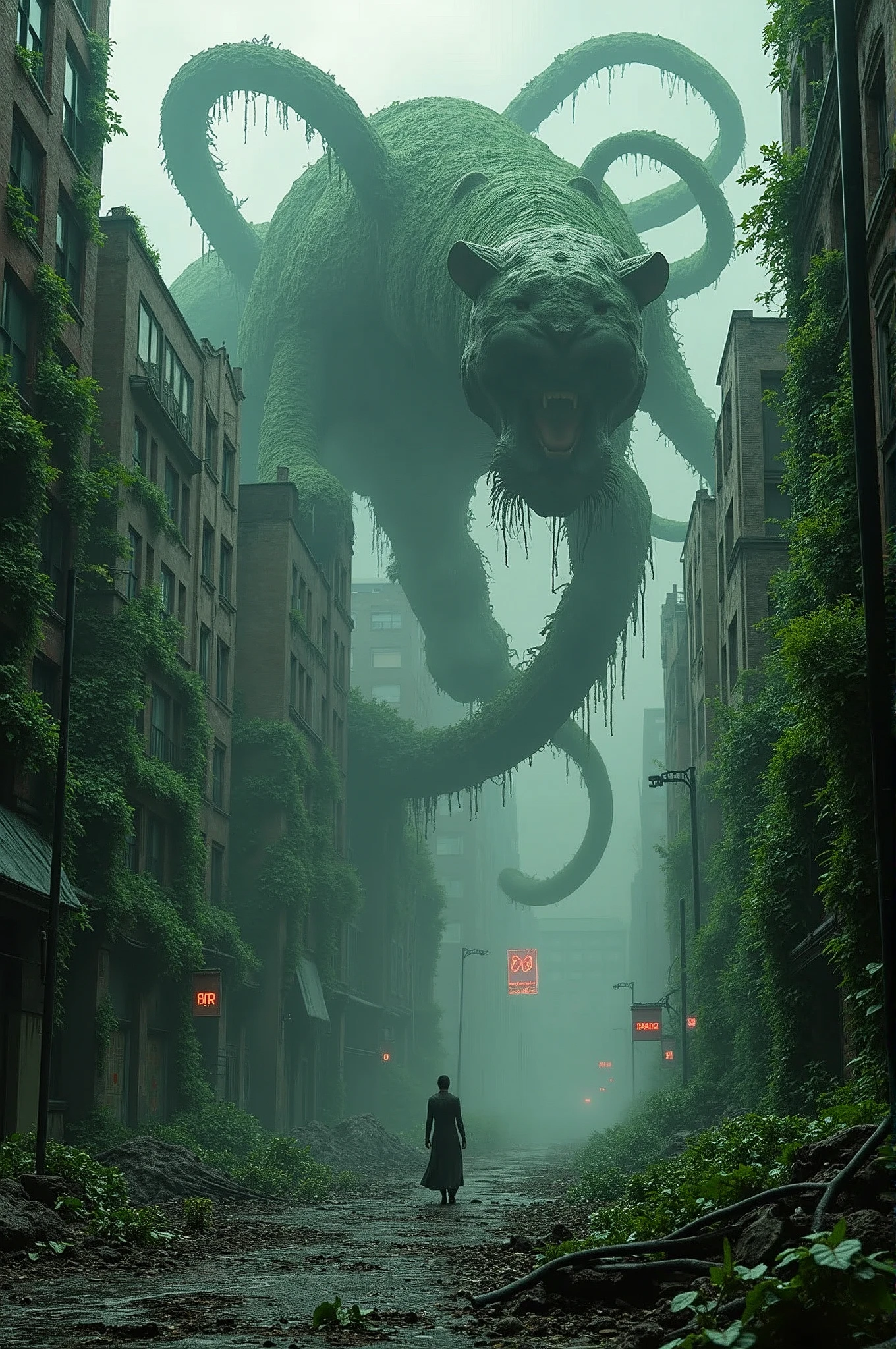 Large format 8k quality photo of city destoyed by deadly poisonous ivy vines and plants looking like panthers, dystopic cinematic lighting, shot on ARRI ALEXA 65 with 50mm lens