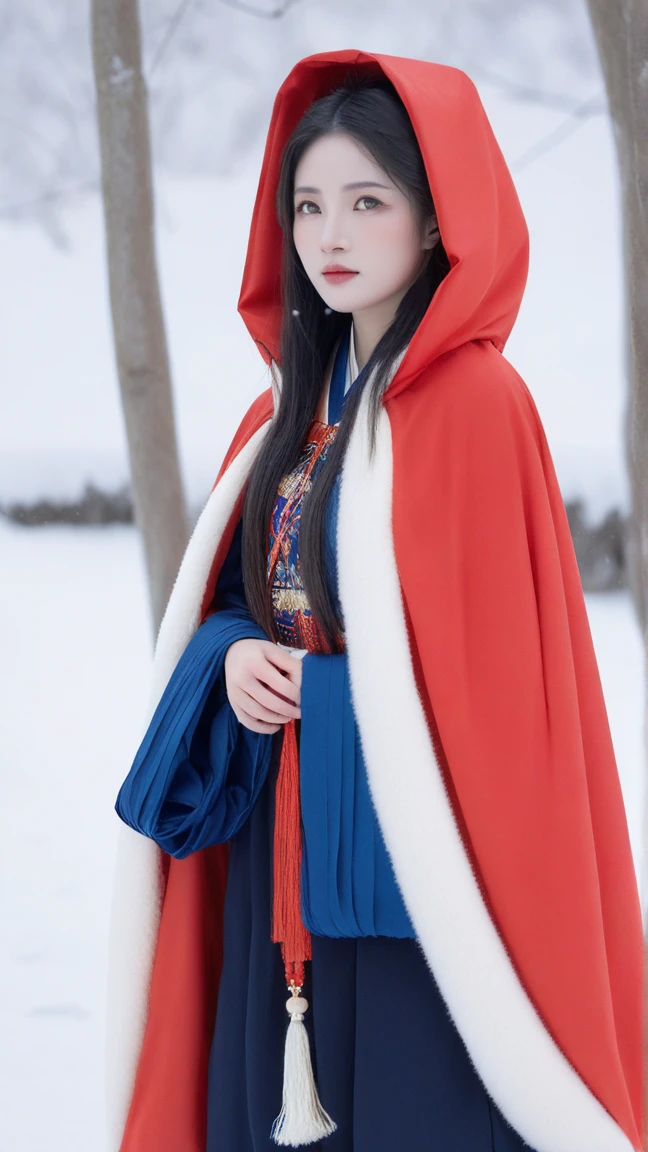 1girl,black hair,Beautiful face, Asian woman, Chinese style clothing,Red cape,full body,outdoors,snow,snowing,solo,winter,Master lens, golden ratio composition, (Canon 200mm f2.8L) shooting, large aperture, background blur.