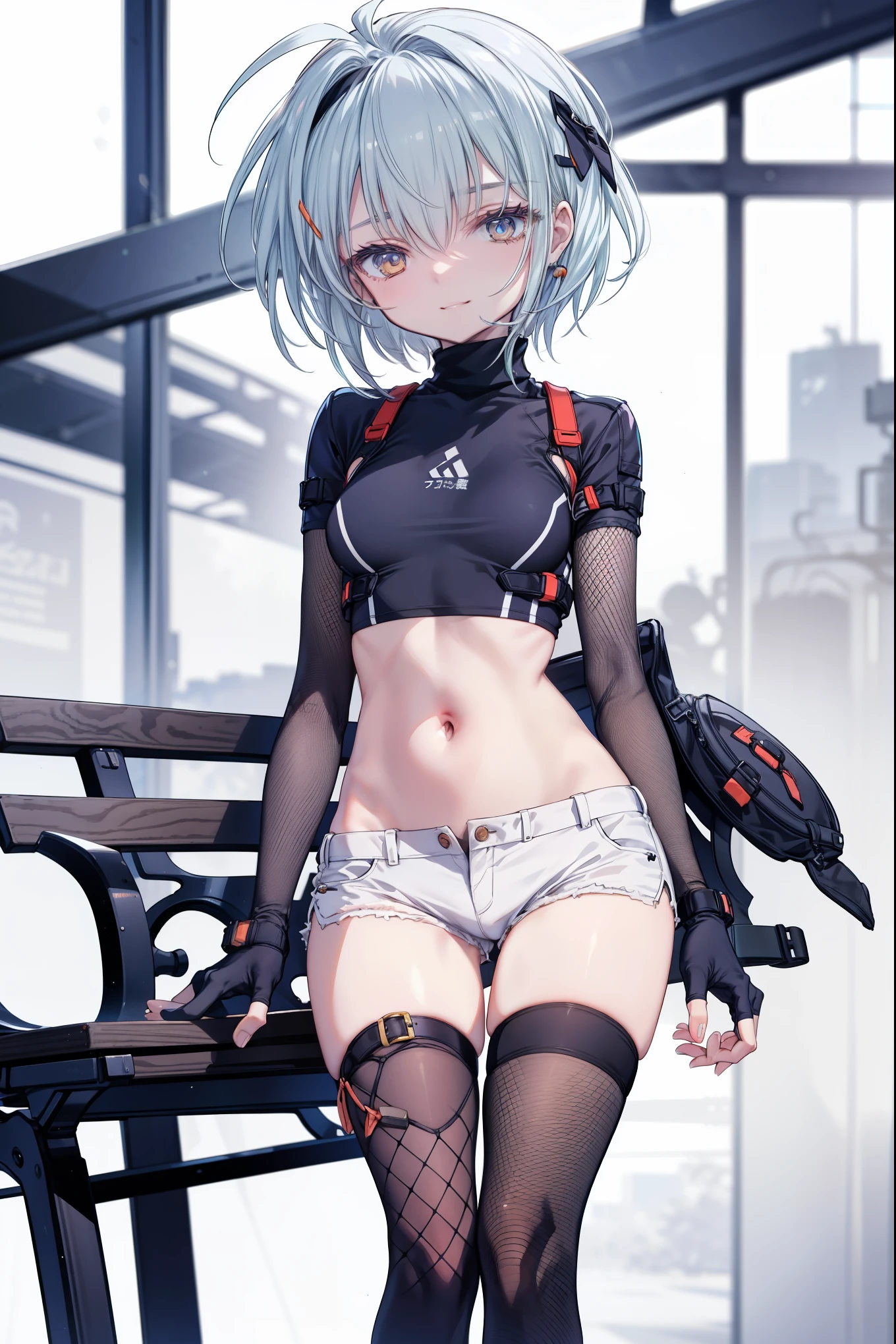yuffiekisaragi, Yuffie Kisaragi,Haircuts, pixie cut,
壊す crop top, fingerless gloves, fishnet Thighhighs, fishnet, forehead protector, gloves, head band, belly button, short shorts, shorts, single sleeve, single thigh high, No sleeve, No sleeve turtleneck, Thighhighs, turtleneck,
bench、blue sky、smile, solo,rising_leg,solo