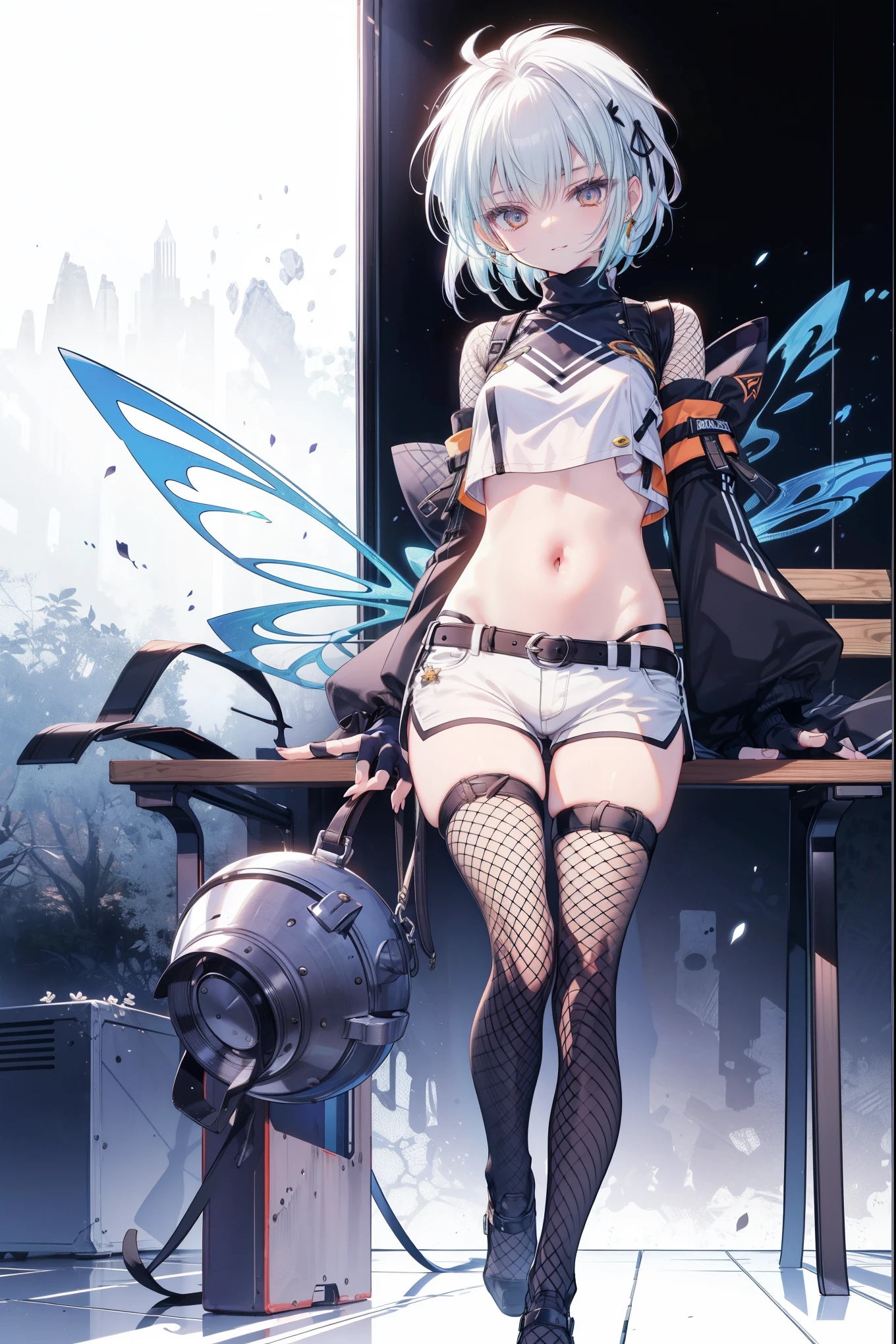 yuffiekisaragi, Yuffie Kisaragi,Haircuts, pixie cut,
壊す crop top, fingerless gloves, fishnet Thighhighs, fishnet, forehead protector, gloves, head band, belly button, short shorts, shorts, single sleeve, single thigh high, No sleeve, No sleeve turtleneck, Thighhighs, turtleneck,
bench、blue sky、smile, solo,rising_leg,solo