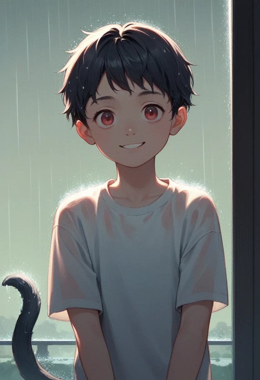 Masterpiece, Dark night, child, John Lippert, Wavy black hair, short hair, 20 years, Red eyes, Radiant eye, a smile شريرة, a smile, villain, Eyes narrowed, Highly detailed beautiful face and eyes, painting, shirt, rain, tail