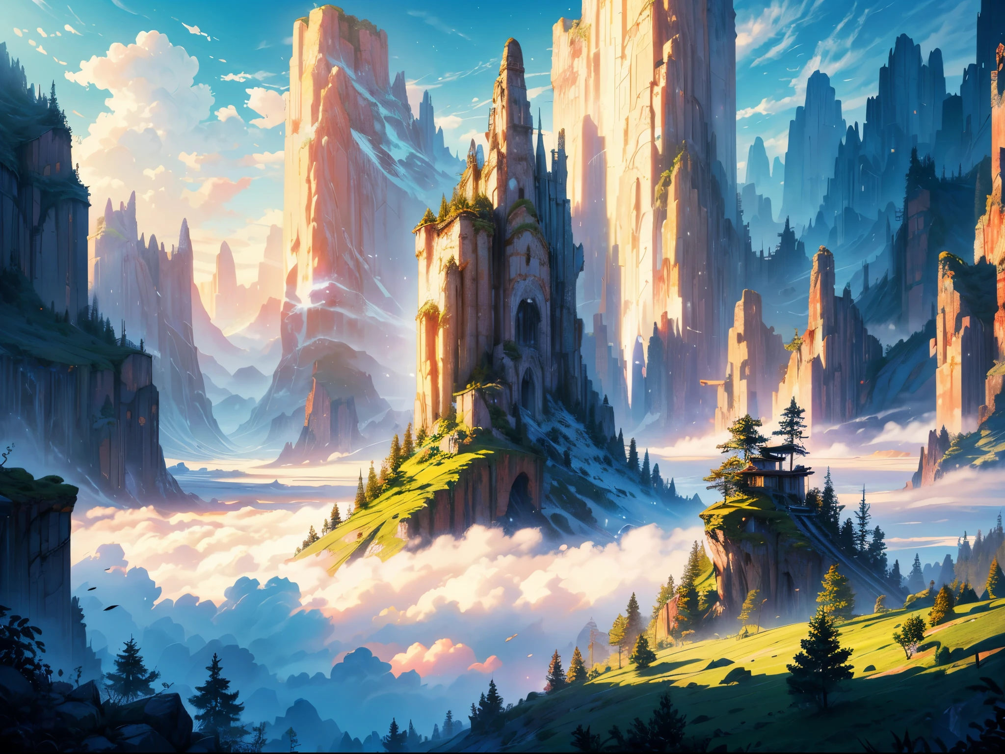 Masterpiece, RAW photo, (ultra high quality, 8k, intricate details), professional photo, nature scene, dramatic landscape, surreal environment, floating islands with cascading waterfalls, dense forests, enchanted ambiance, vibrant colors, golden sunlight, ethereal mist, magical aura, double rainbow in the sky, fantasy elements, serene and majestic, towering mountains in the background, clear blue skies with fluffy clouds, (dynamic lighting, detailed textures, hyper realistic, artistic photography, graphic CG digital art, shading effects, gradation magic effects, glitter effects, sunlight effects, foggy filter effect, cartoon-style)