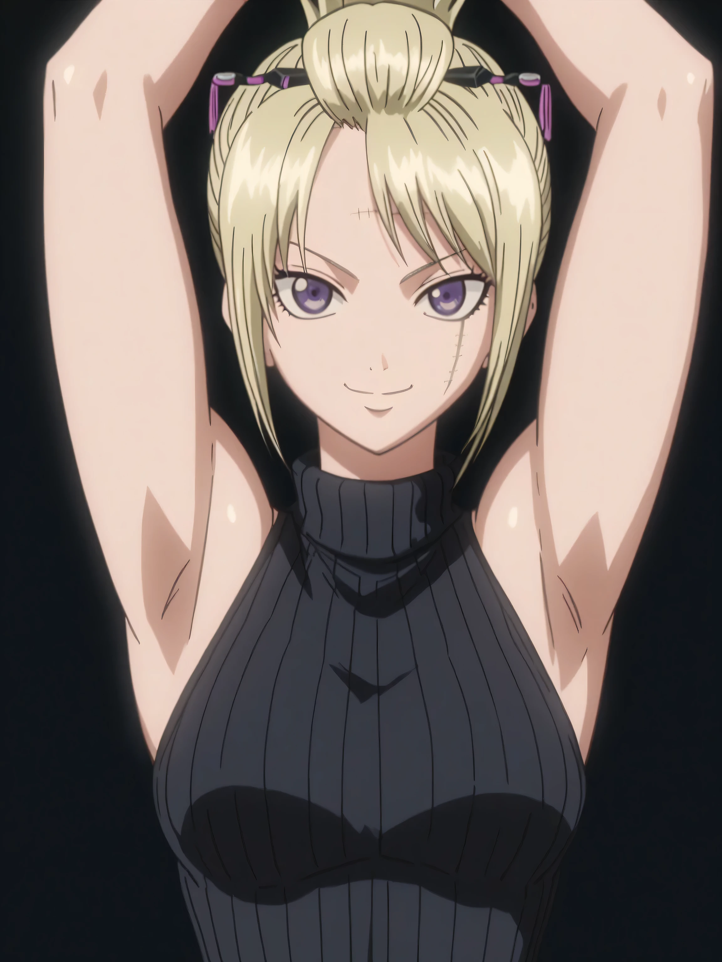 score_9, score_8_up, score_7_up, source_anime, Tsukuyo, blonde hair, folded ponytail, scar on face, purple eyes, sweater, ribbed sweater, ribbed, turtleneck, black sweater, sleeveless sweater, bare shoulders, 1girl, solo, anime screencap, frontlighting, simple background, black background, dark background, soft light, shiny skin, shiny hair, looking at viewer, eye contact with viewer, evil smile, closed mouth, arms up, raised arms, armpits, in the center, symmetrical, upright,